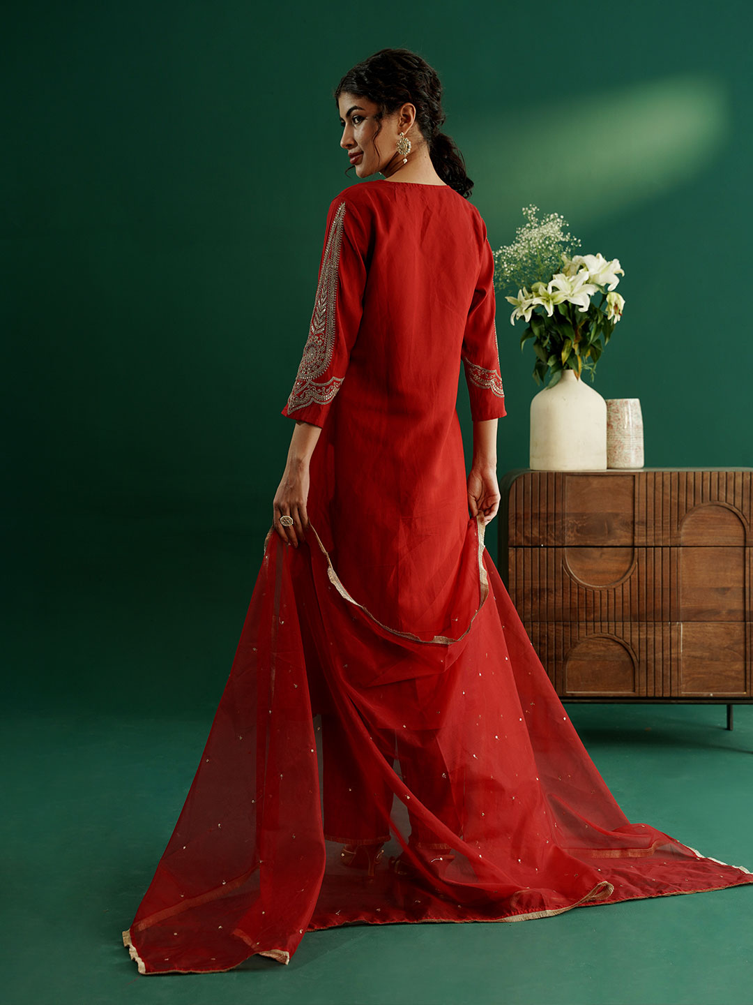 dhartii Festive Ready Modern A-Line Embroidered Sleeves Suit Set with Organza Dupatta and Palazzo (3 Piece Set)