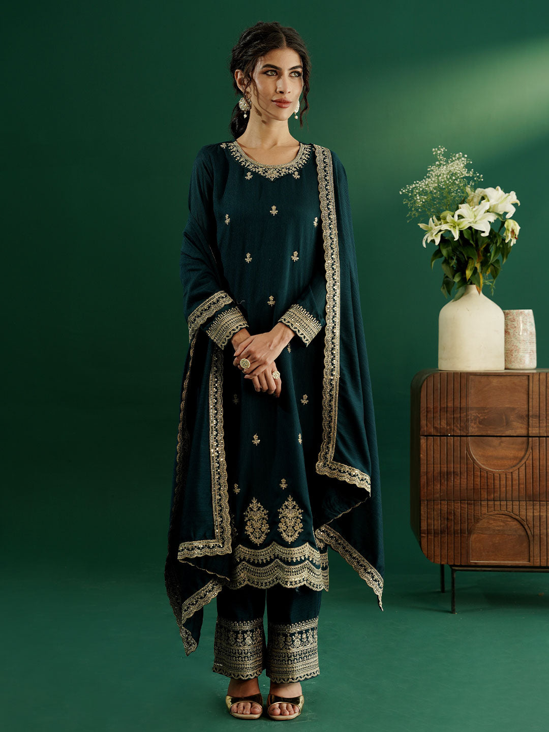 dhartii Festive Striking Teal Blue Heavy Embroidered Suit Set with Palazzo and Dupatta (3 Piece Set)