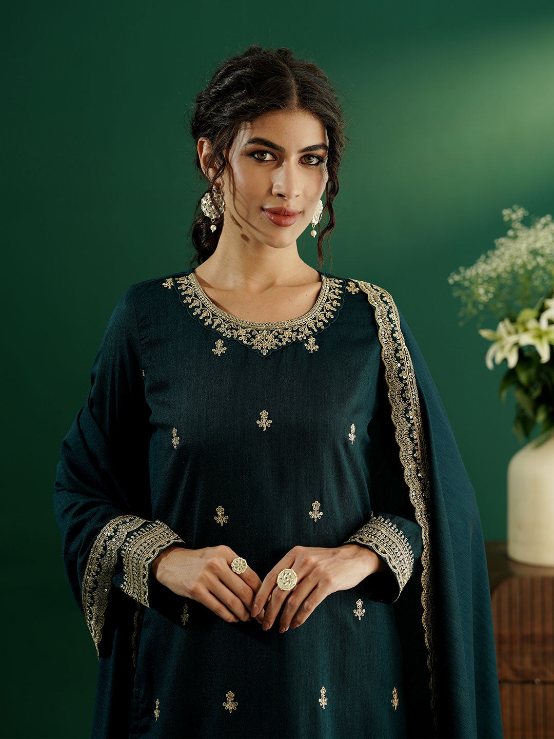 dhartii Festive Striking Teal Blue Heavy Embroidered Suit Set with Palazzo and Dupatta (3 Piece Set)