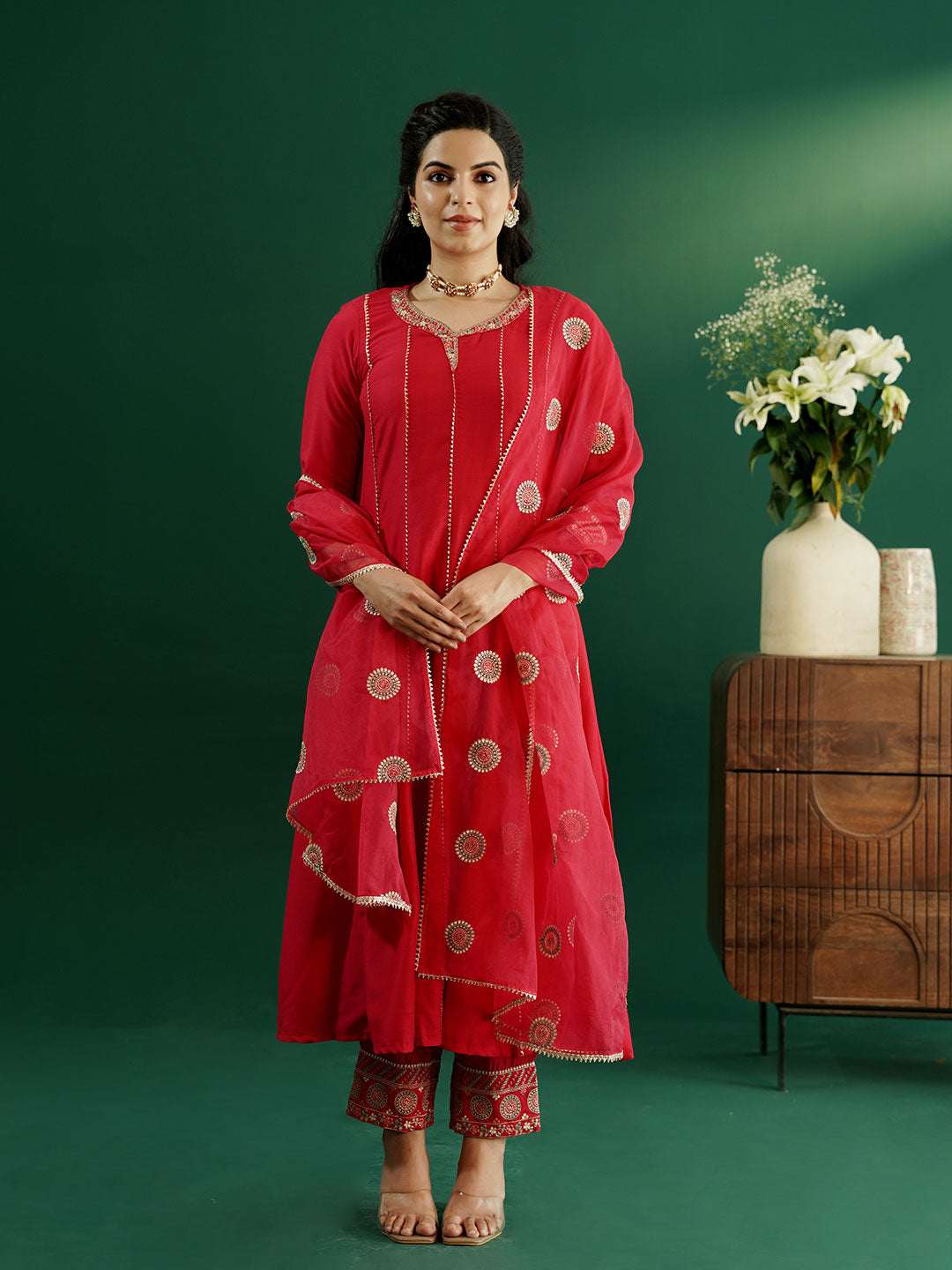 dhartii Classy Fuchsia Pink Delicate Neck Embroidered Anarkali Set with Organza Dupatta and Pants (3 Piece Set)
