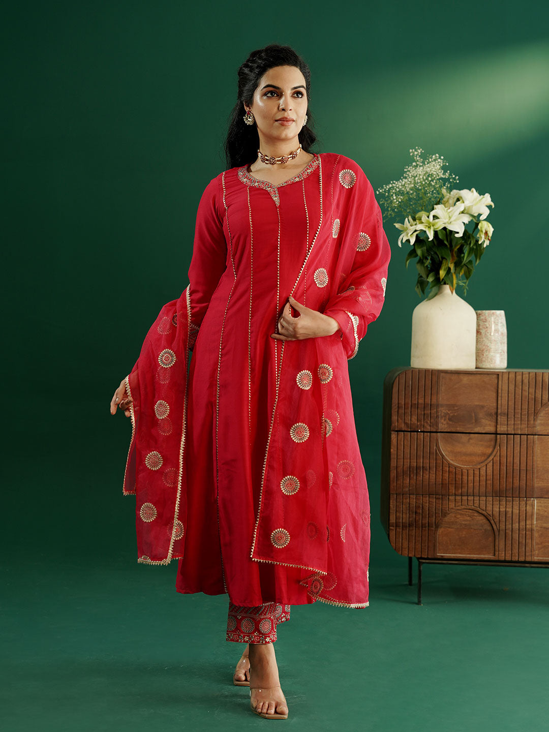 dhartii Classy Fuchsia Pink Delicate Neck Embroidered Anarkali Set with Organza Dupatta and Pants (3 Piece Set)