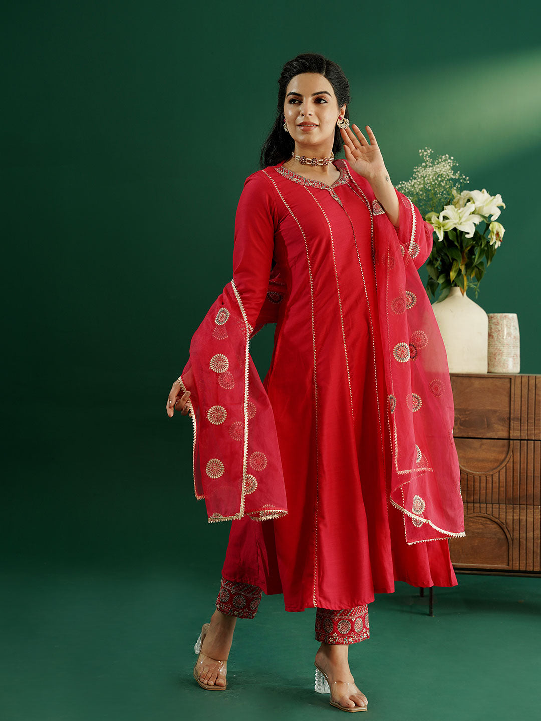 dhartii Classy Fuchsia Pink Delicate Neck Embroidered Anarkali Set with Organza Dupatta and Pants (3 Piece Set)