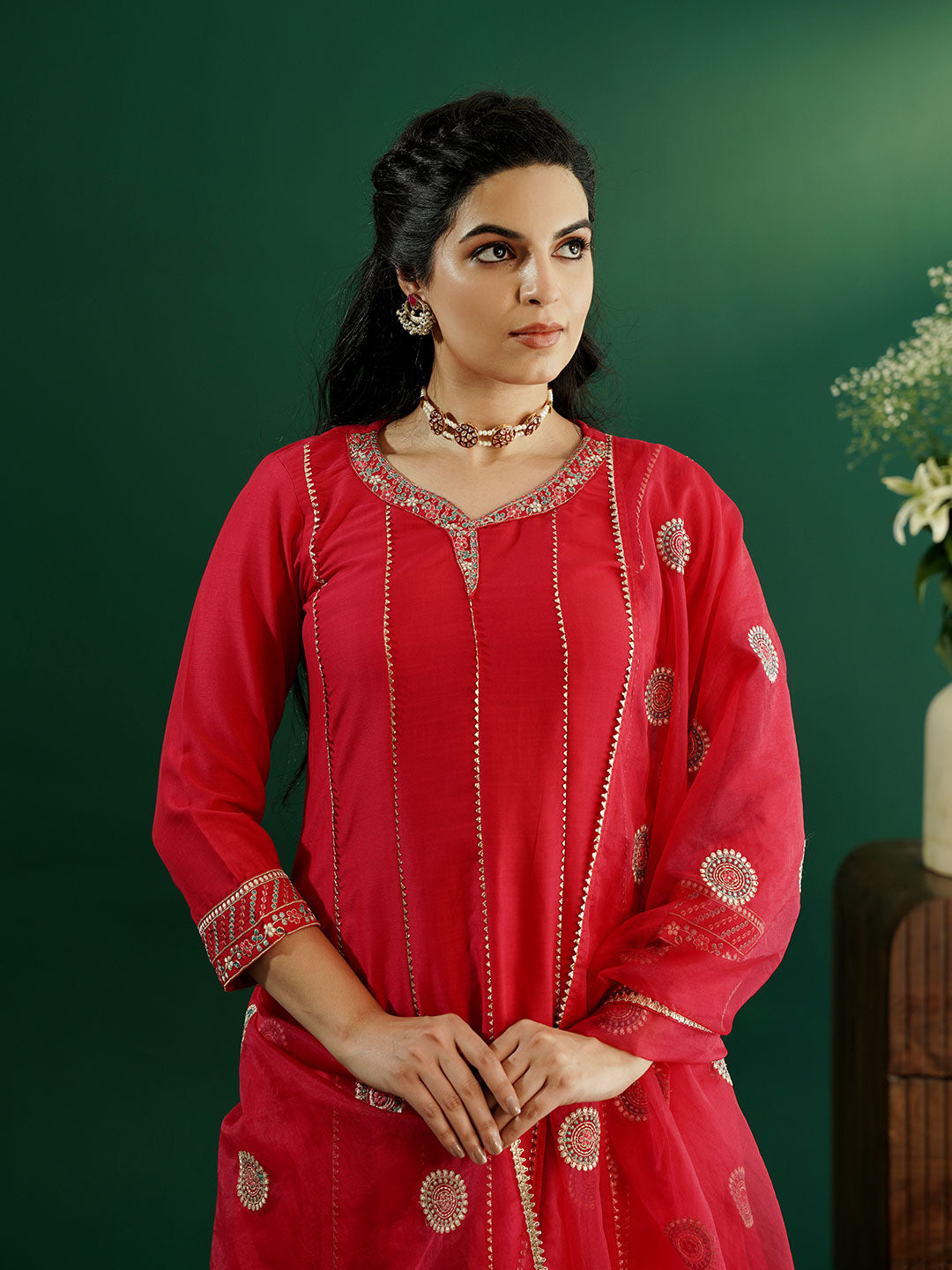 dhartii Classy Fuchsia Pink Delicate Neck Embroidered Anarkali Set with Organza Dupatta and Pants (3 Piece Set)