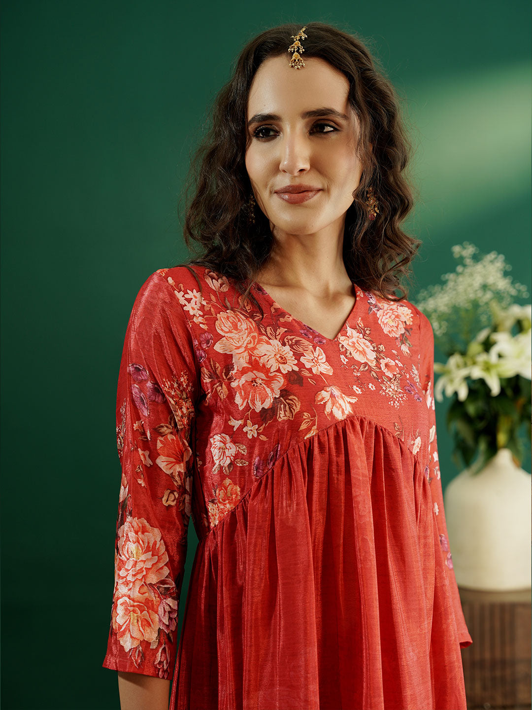 dhartii Fashionable High Low Hem Floral Printed Suit Set with Chiffon Dupatta and Pants (3 Piece Set)