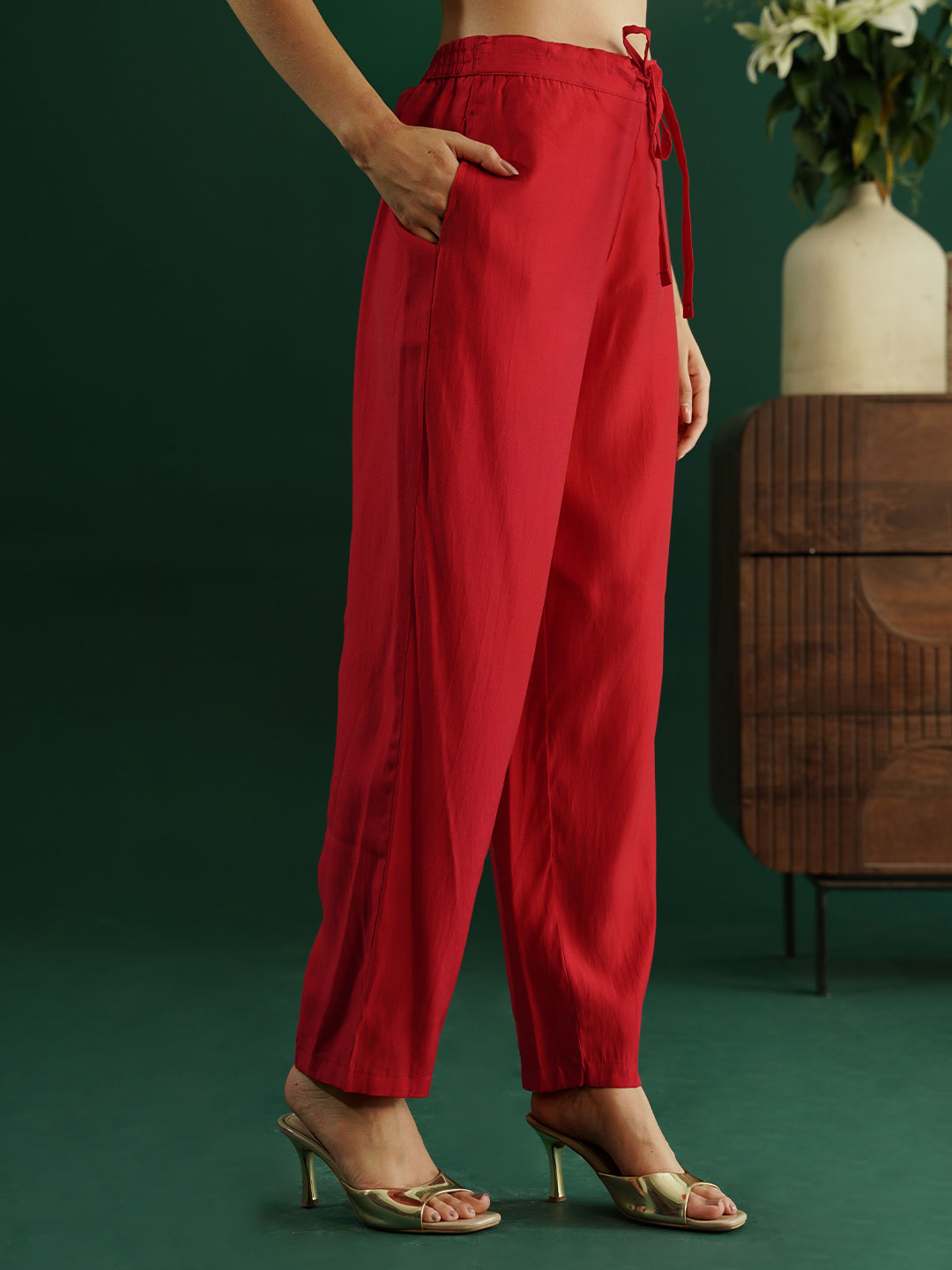 dhartii Elite Festive Red  Embroidered Suit Set with Organza Dupatta and Pants (3 Piece Set)