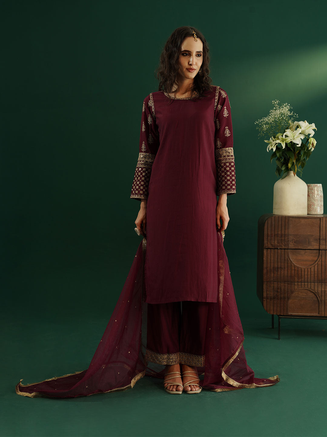 dhartii Modern Festive Dark Plum Embroidered Suit Set with Sheer Dupatta and Embroidered Palazzo (3 Piece Set)