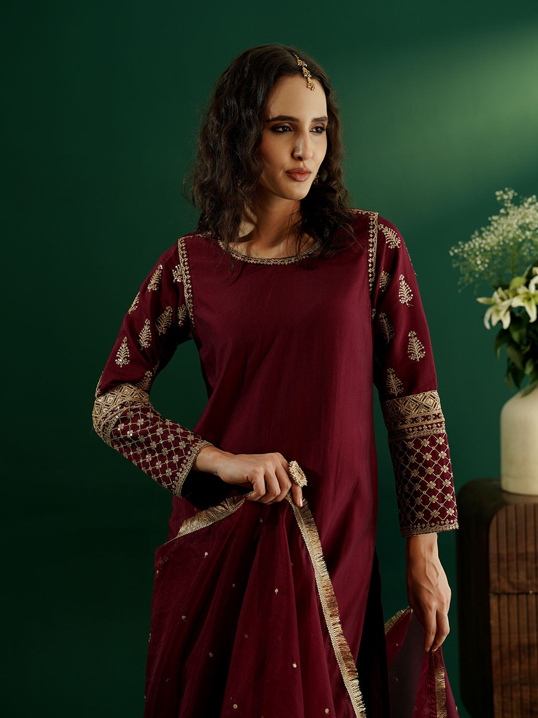 dhartii Modern Festive Dark Plum Embroidered Suit Set with Sheer Dupatta and Embroidered Palazzo (3 Piece Set)