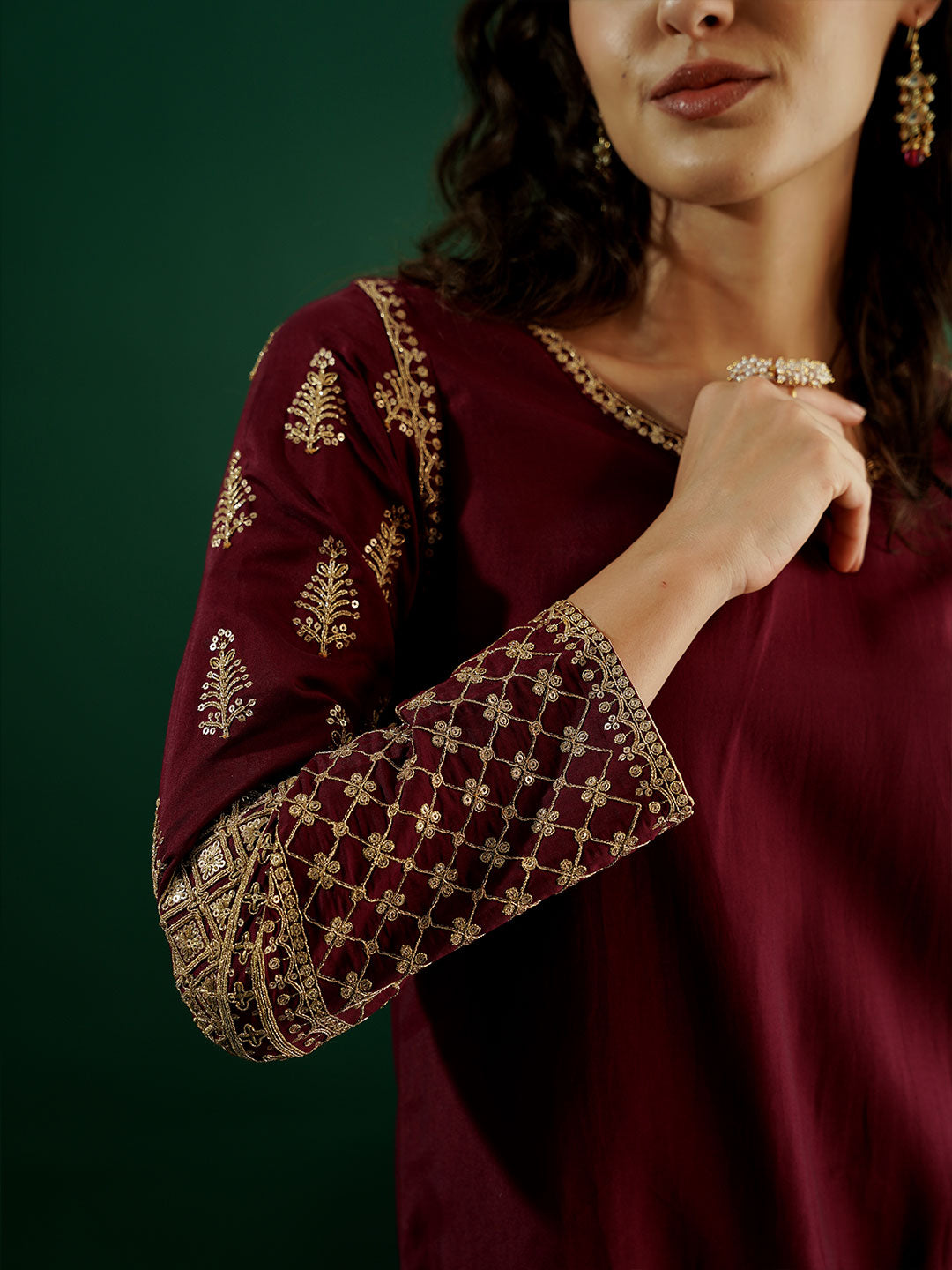 dhartii Modern Festive Dark Plum Embroidered Suit Set with Sheer Dupatta and Embroidered Palazzo (3 Piece Set)