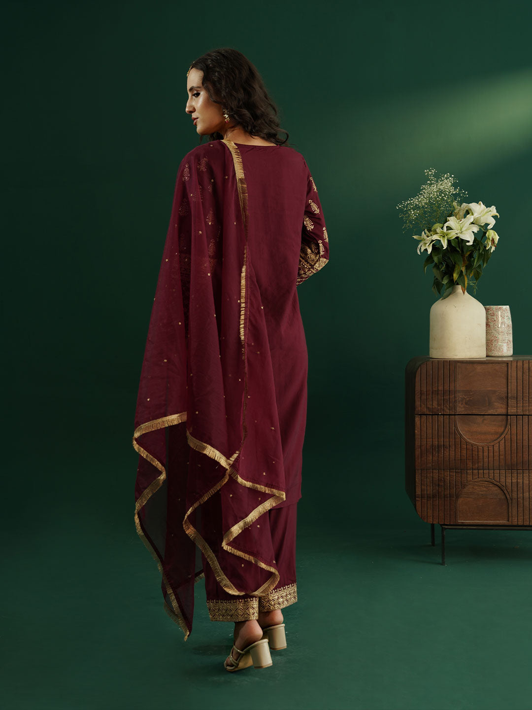 dhartii Modern Festive Dark Plum Embroidered Suit Set with Sheer Dupatta and Embroidered Palazzo (3 Piece Set)