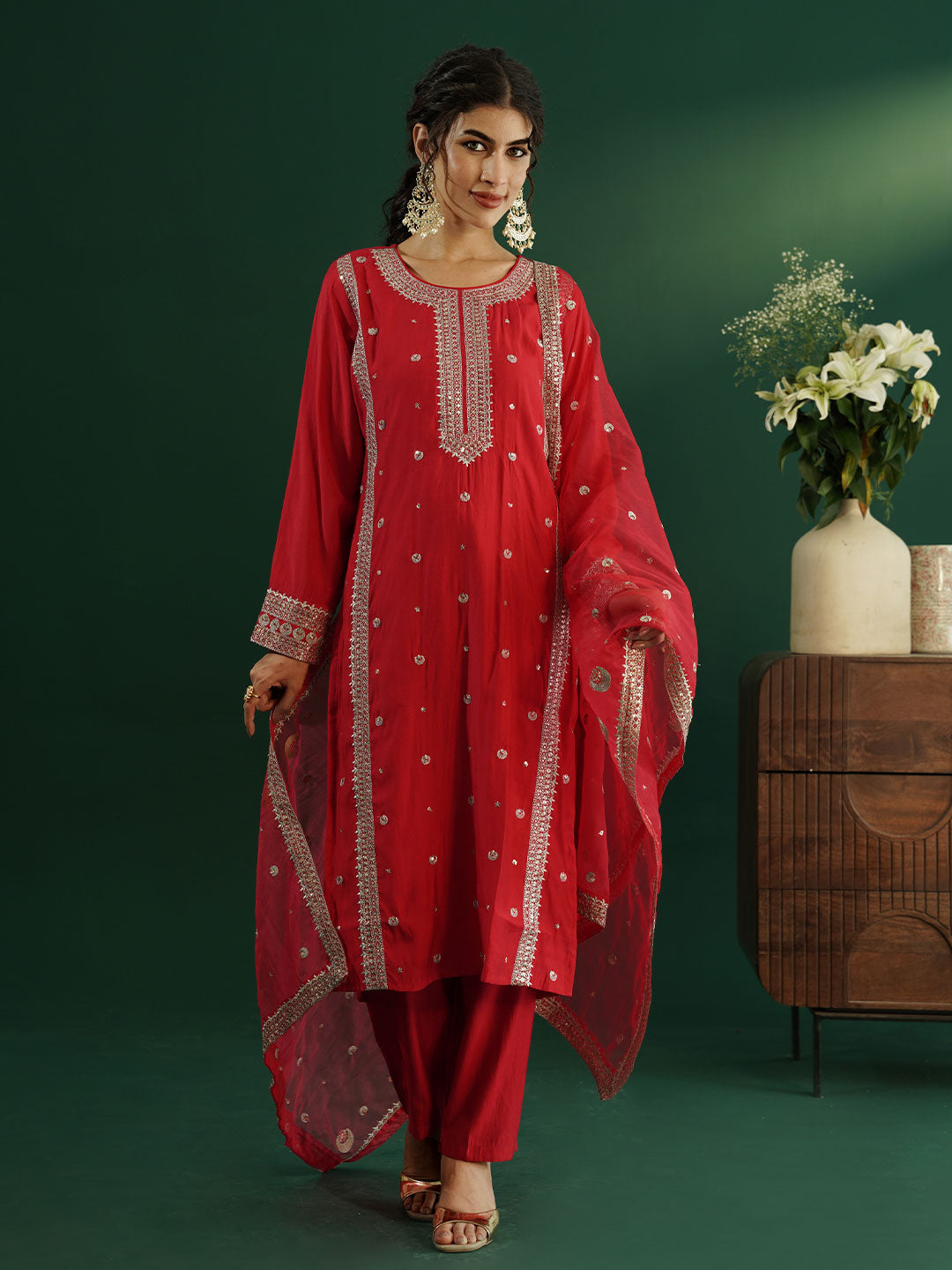 dhartii Elite Festive Red  Embroidered Suit Set with Organza Dupatta and Pants (3 Piece Set)