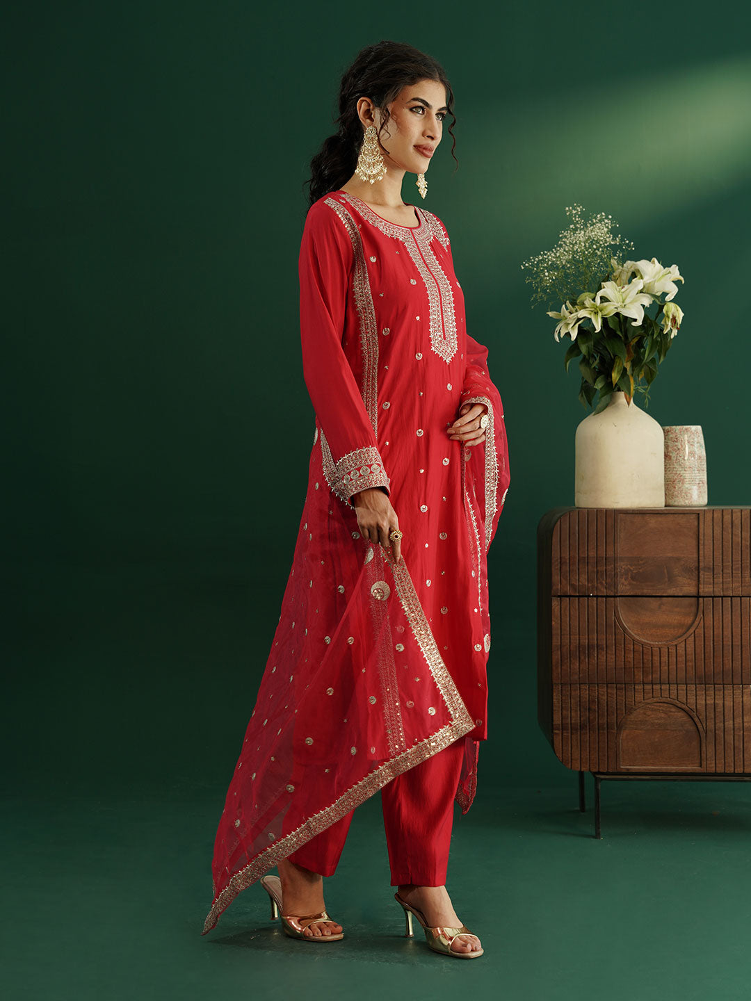 dhartii Elite Festive Red  Embroidered Suit Set with Organza Dupatta and Pants (3 Piece Set)