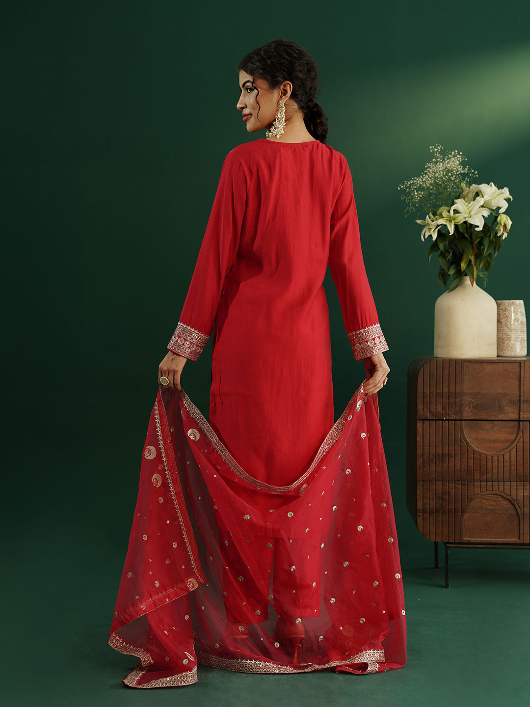 dhartii Elite Festive Red  Embroidered Suit Set with Organza Dupatta and Pants (3 Piece Set)