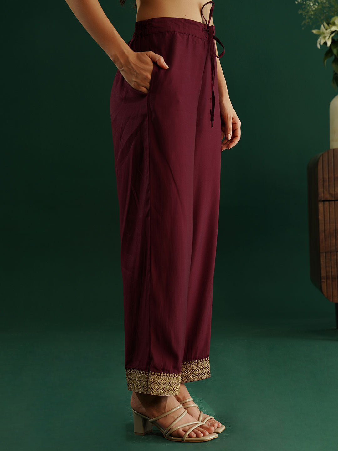 dhartii Modern Festive Dark Plum Embroidered Suit Set with Sheer Dupatta and Embroidered Palazzo (3 Piece Set)