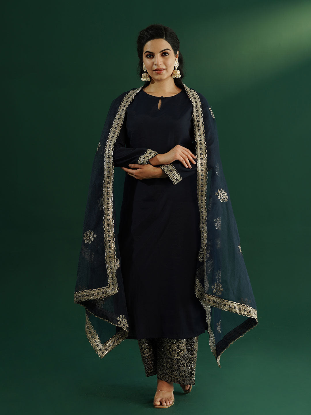 dhartii Trendy Festive Navy Blue Solid Suit Set with Embroidered Palazzo and Dupatta (3 Piece Set)