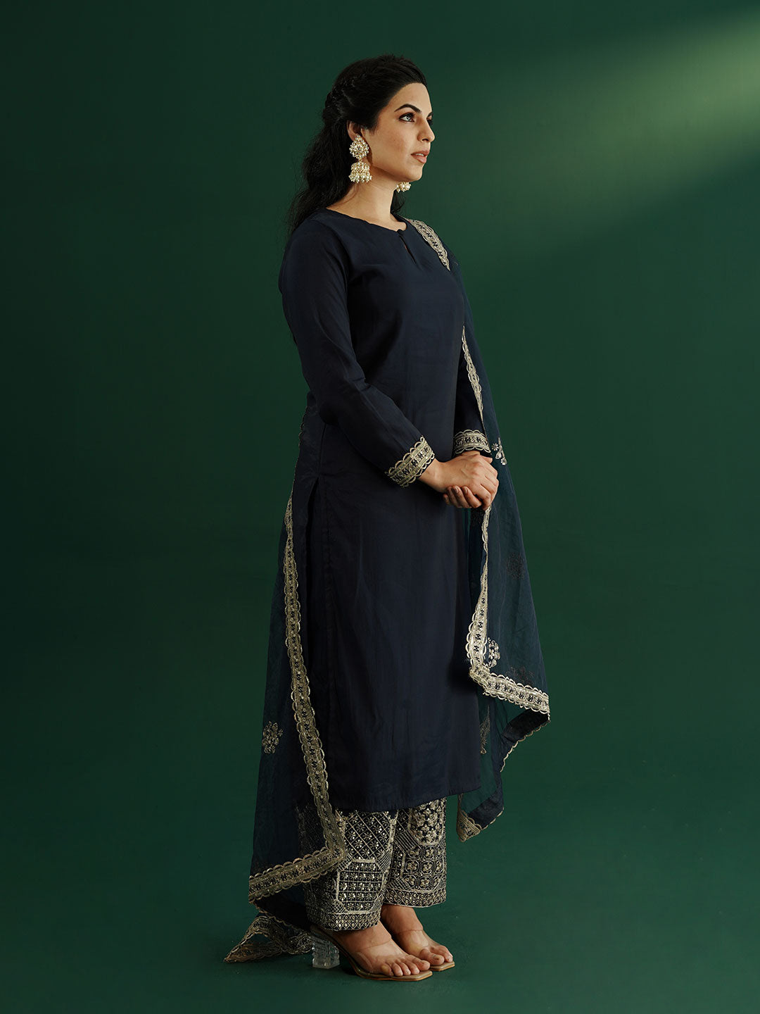 dhartii Trendy Festive Navy Blue Solid Suit Set with Embroidered Palazzo and Dupatta (3 Piece Set)
