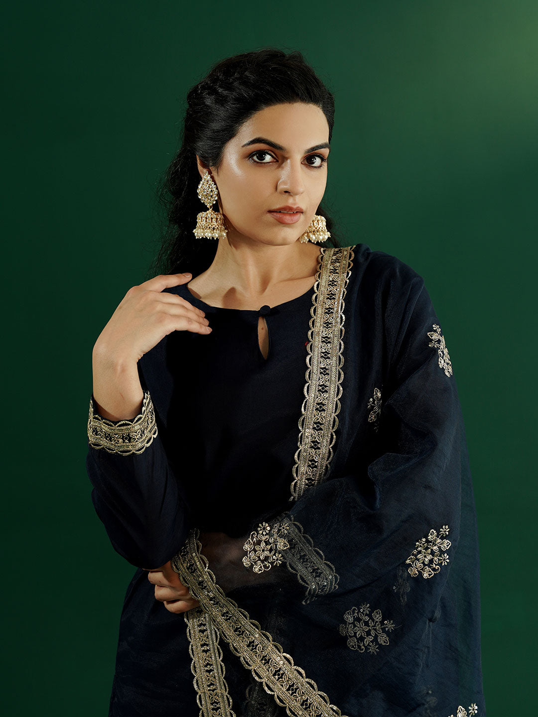 dhartii Trendy Festive Navy Blue Solid Suit Set with Embroidered Palazzo and Dupatta (3 Piece Set)