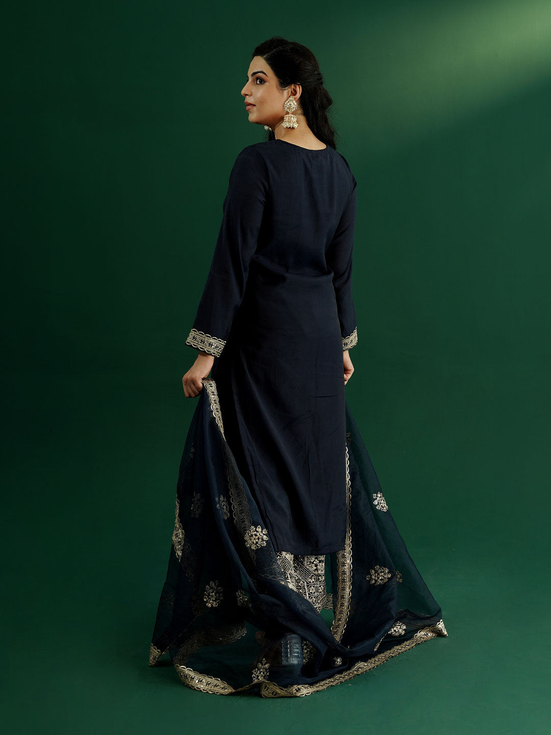 dhartii Trendy Festive Navy Blue Solid Suit Set with Embroidered Palazzo and Dupatta (3 Piece Set)