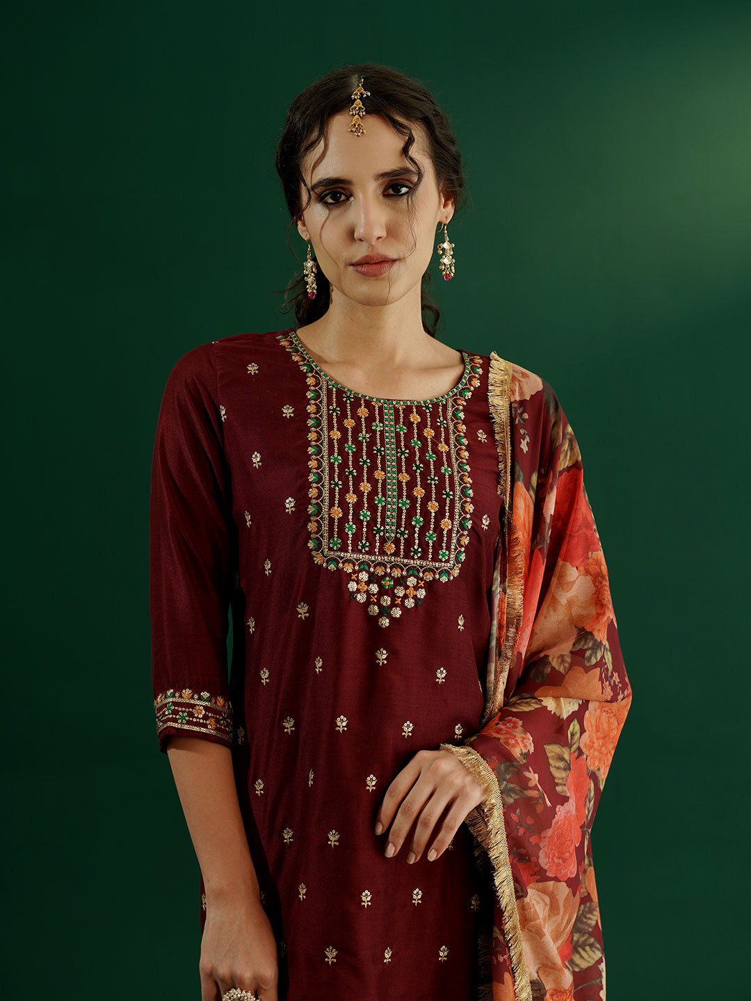 dhartii Trendy Festive Maroon Embroidered Suit Set with Floral Dupatta and Pants (3 Piece Set)