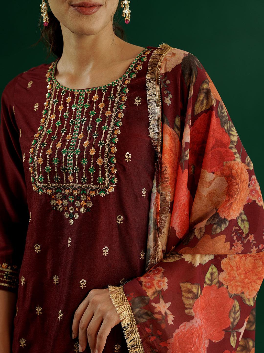 dhartii Trendy Festive Maroon Embroidered Suit Set with Floral Dupatta and Pants (3 Piece Set)