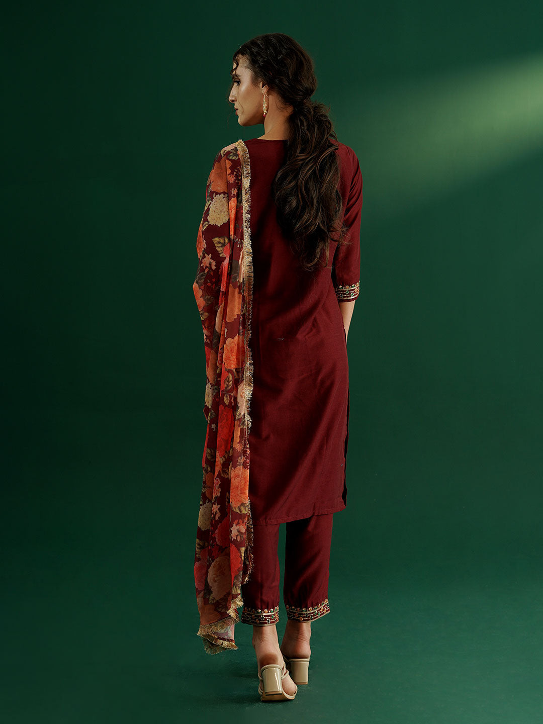 dhartii Trendy Festive Maroon Embroidered Suit Set with Floral Dupatta and Pants (3 Piece Set)