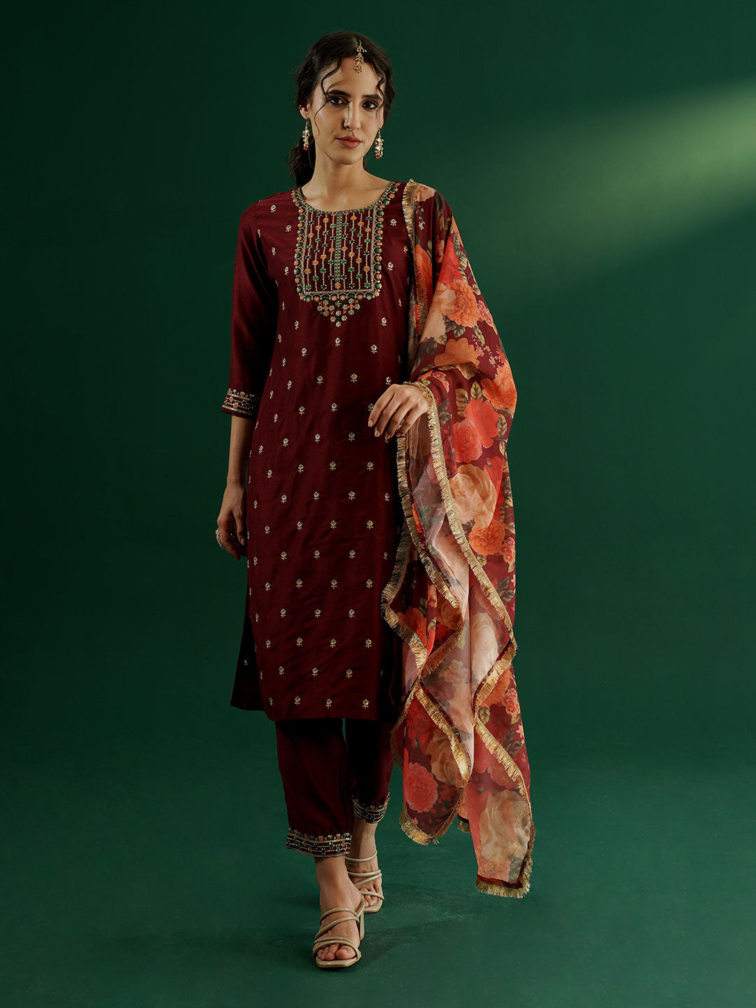 dhartii Trendy Festive Maroon Embroidered Suit Set with Floral Dupatta and Pants (3 Piece Set)