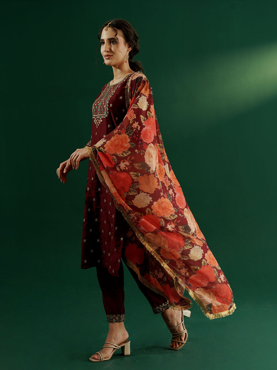 dhartii Trendy Festive Maroon Embroidered Suit Set with Floral Dupatta and Pants (3 Piece Set)
