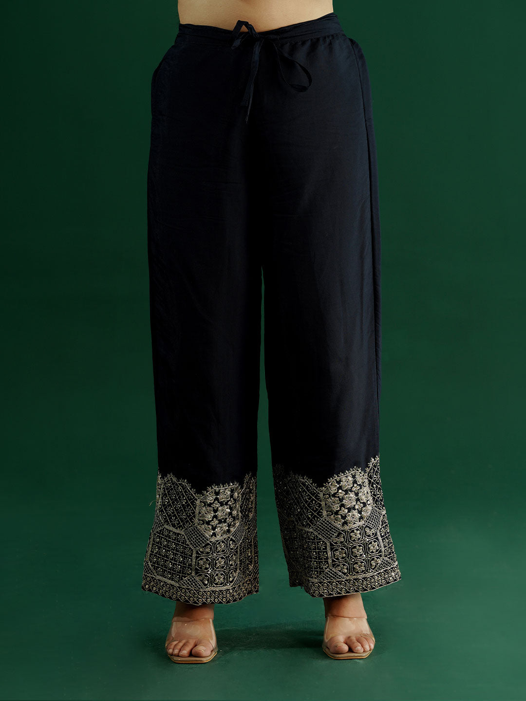 dhartii Trendy Festive Navy Blue Solid Suit Set with Embroidered Palazzo and Dupatta (3 Piece Set)