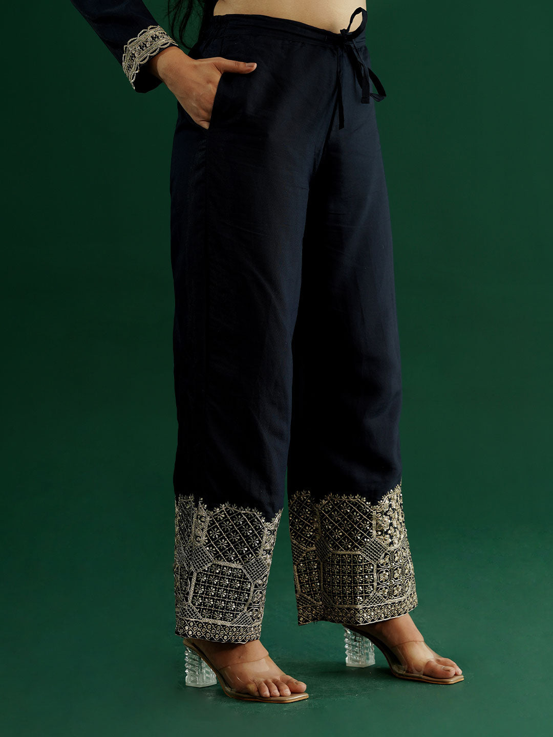 dhartii Trendy Festive Navy Blue Solid Suit Set with Embroidered Palazzo and Dupatta (3 Piece Set)