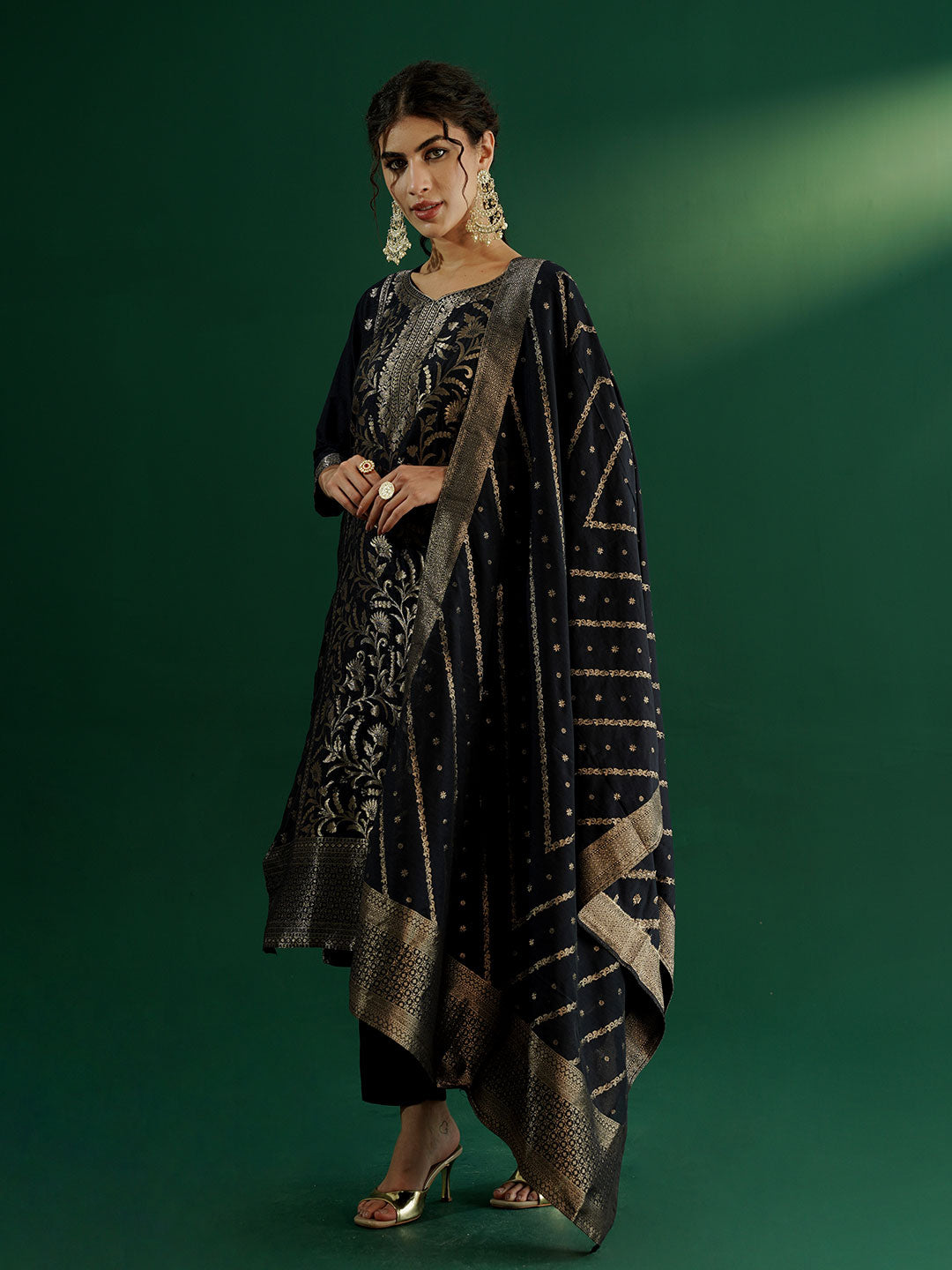 dhartii New Age Navy Blue Royal Brocade Suit Set with Dupatta and Pants (3 Piece Set)