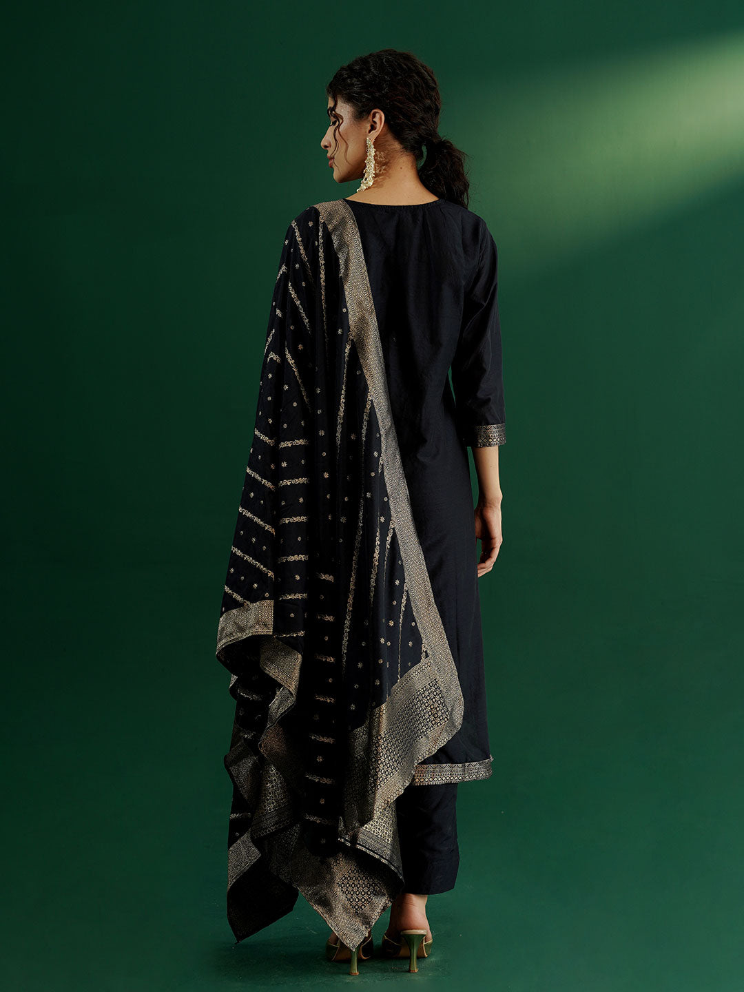 dhartii New Age Navy Blue Royal Brocade Suit Set with Dupatta and Pants (3 Piece Set)