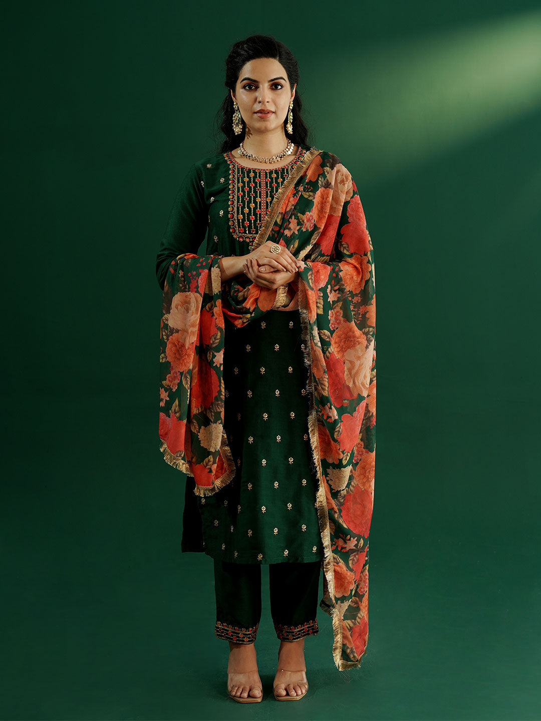 dhartii Trendy Festive Dark Green Embroidered Suit Set with Floral Dupatta and Pants (3 Piece Set)