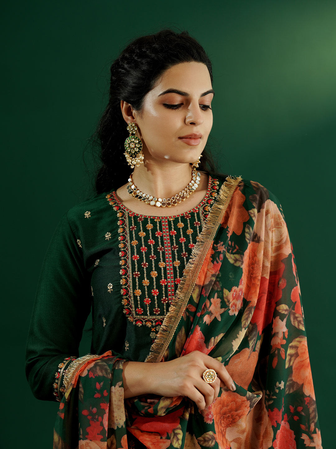 dhartii Trendy Festive Dark Green Embroidered Suit Set with Floral Dupatta and Pants (3 Piece Set)