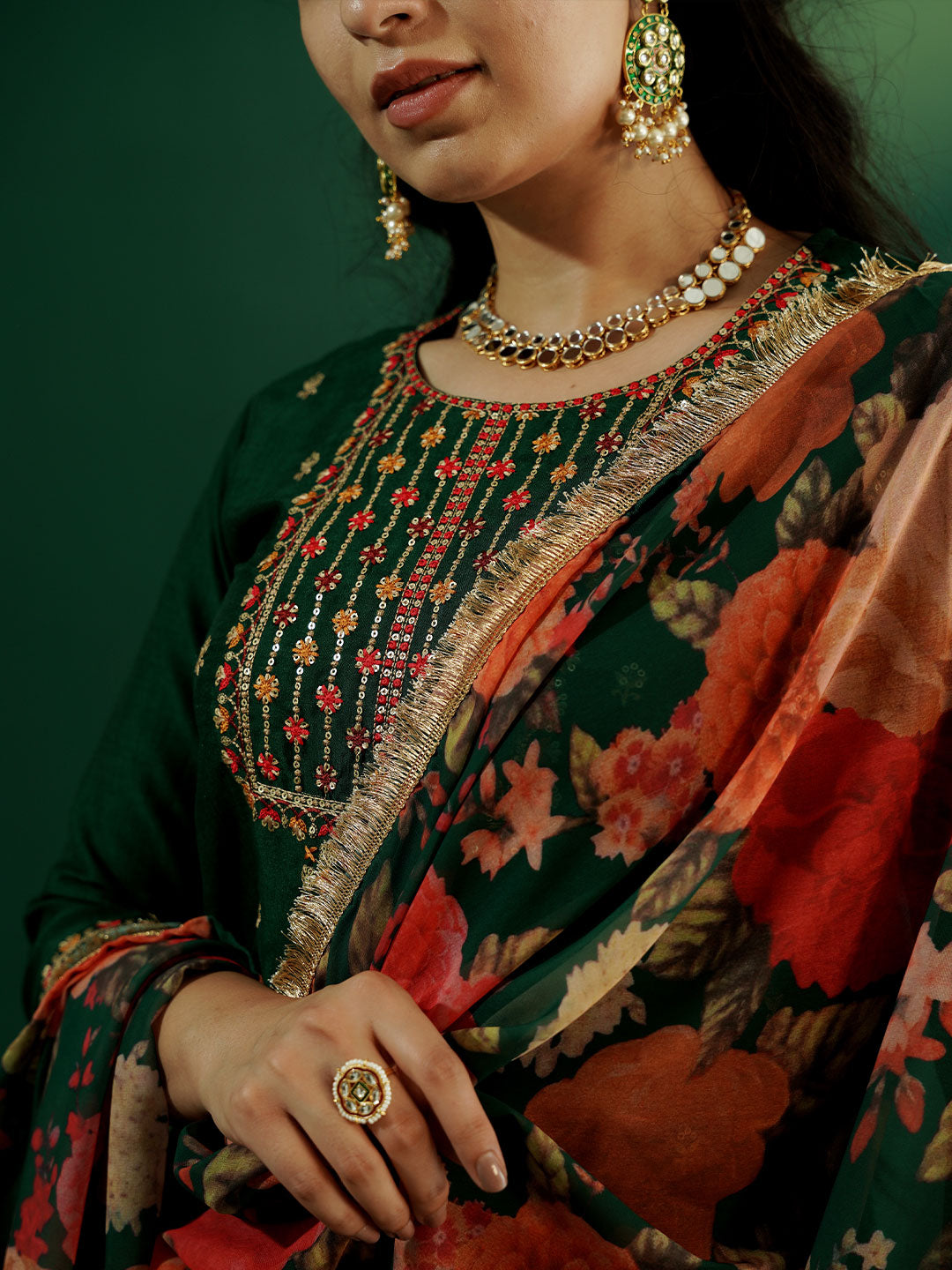dhartii Trendy Festive Dark Green Embroidered Suit Set with Floral Dupatta and Pants (3 Piece Set)