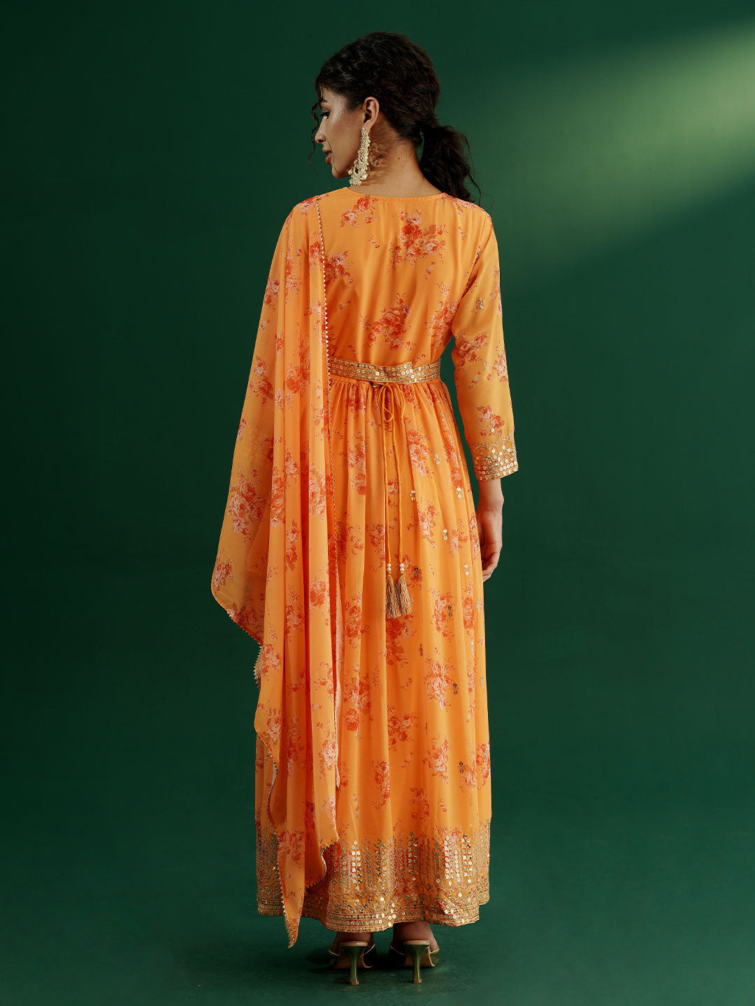 dhartii Elegant Yellow Sequin Embroidered Floral Print on Print Anarkali Set Dupatta and Embroidered Belt (4 Piece Set)