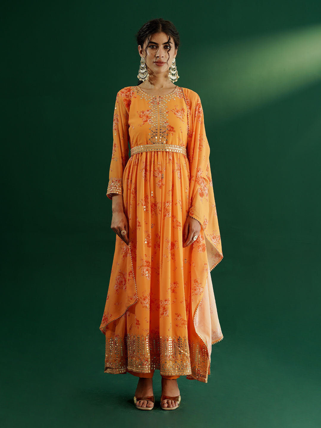 dhartii Elegant Yellow Sequin Embroidered Floral Print on Print Anarkali Set Dupatta and Embroidered Belt (4 Piece Set)