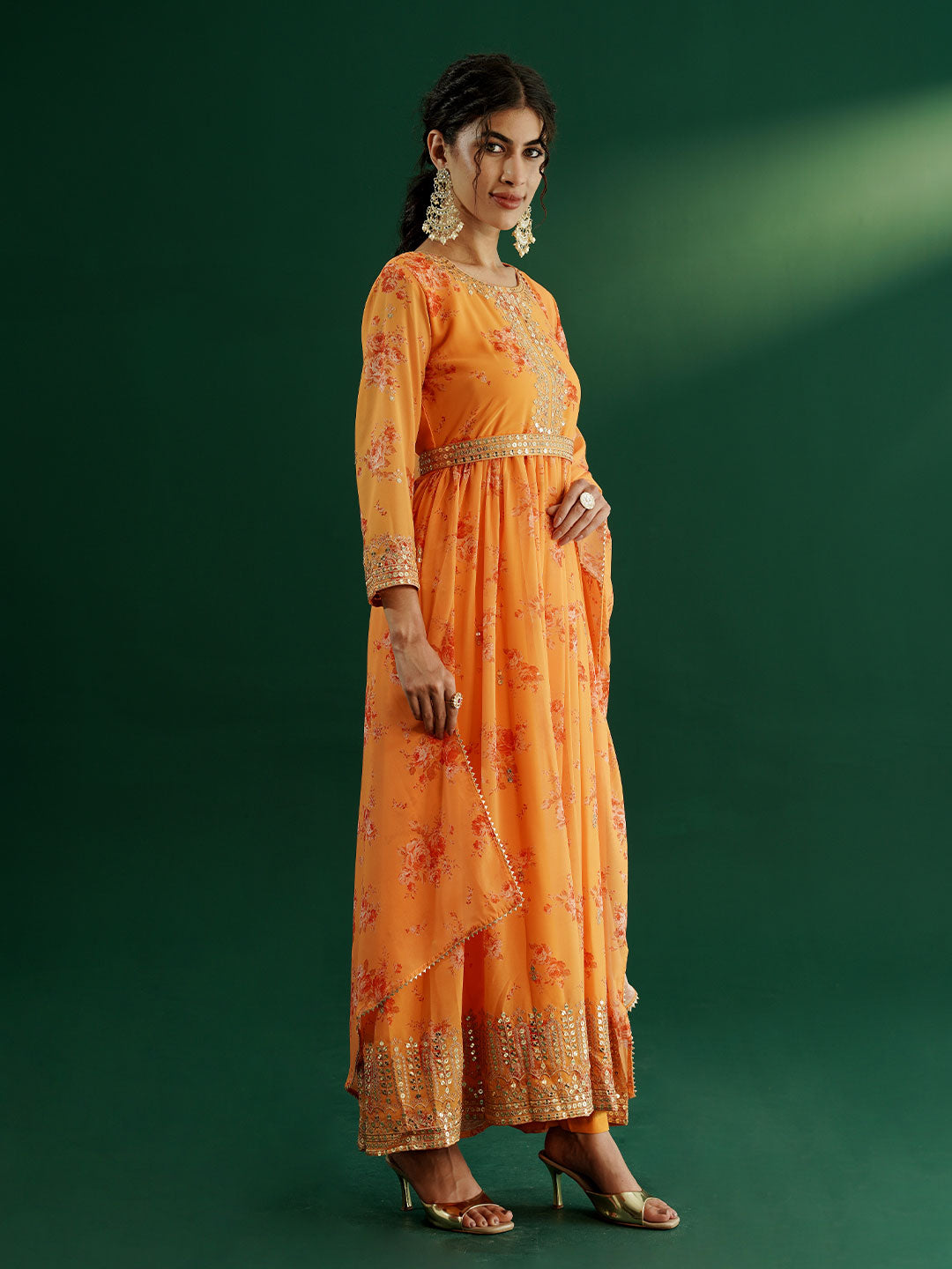 dhartii Elegant Yellow Sequin Embroidered Floral Print on Print Anarkali Set Dupatta and Embroidered Belt (4 Piece Set)