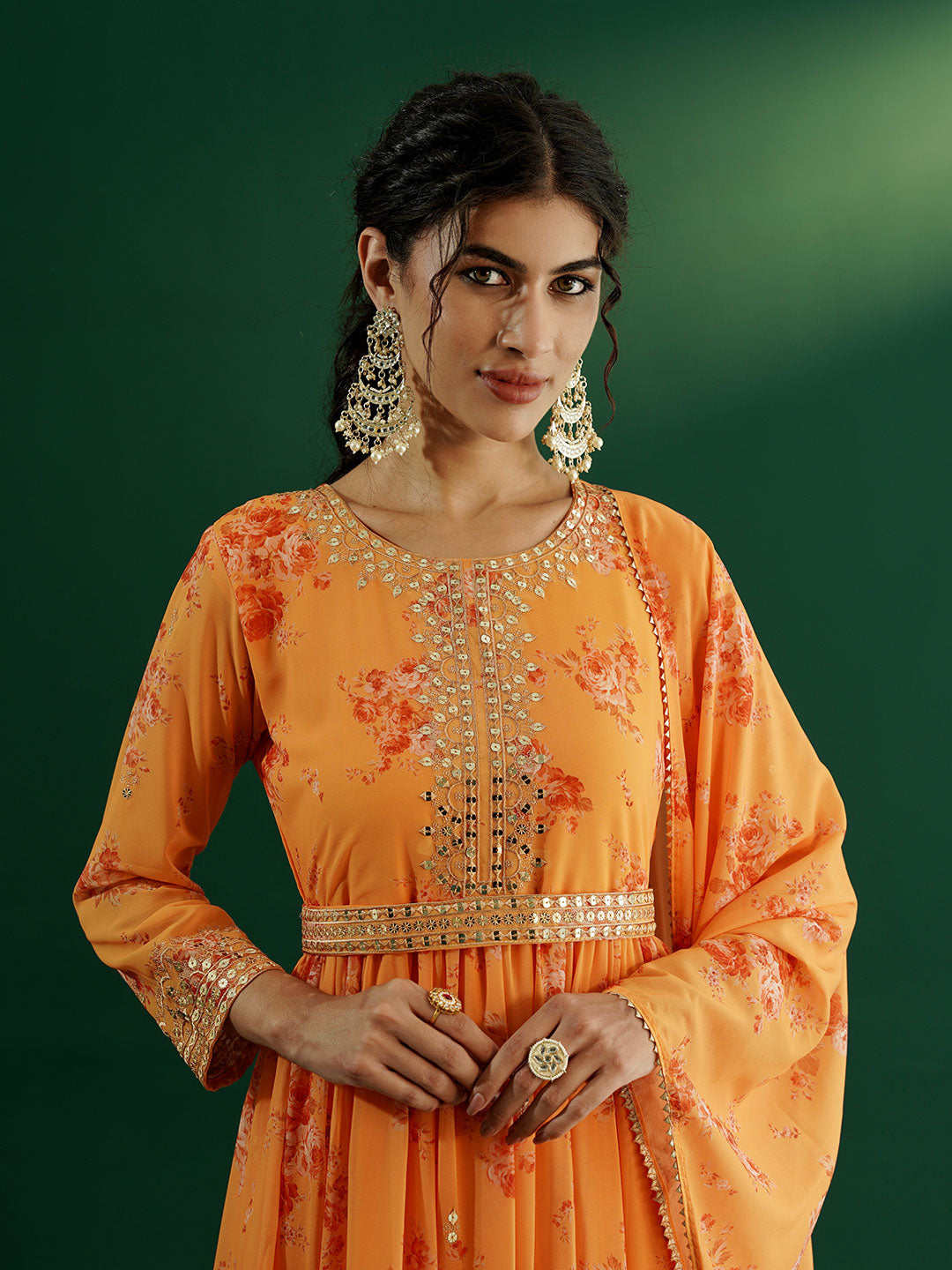 dhartii Elegant Yellow Sequin Embroidered Floral Print on Print Anarkali Set Dupatta and Embroidered Belt (4 Piece Set)
