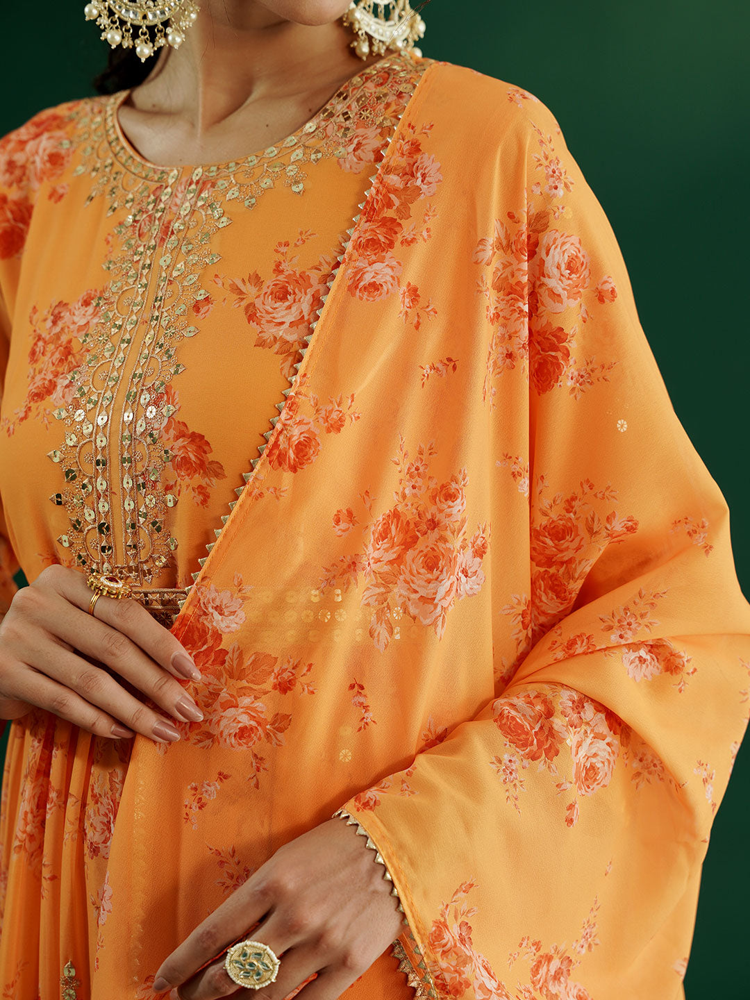 dhartii Elegant Yellow Sequin Embroidered Floral Print on Print Anarkali Set Dupatta and Embroidered Belt (4 Piece Set)
