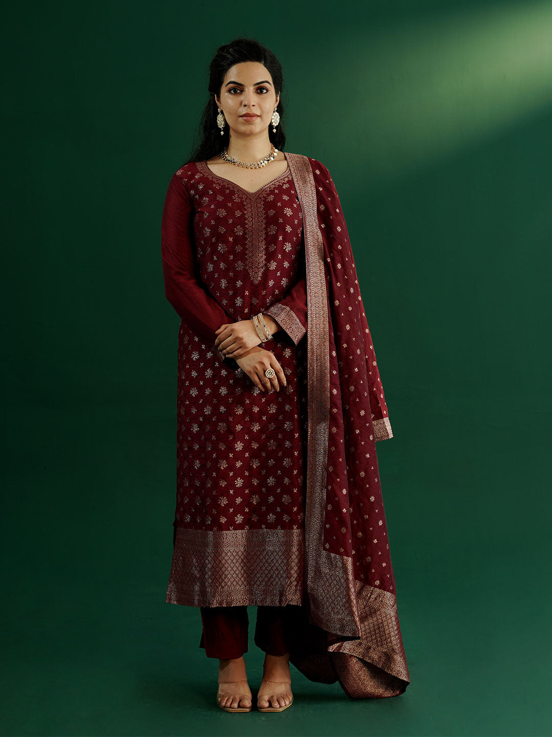 dhartii New Age Lavish Maroon Royal Brocade Suit Set with Dupatta and Pants (3 Piece Set)
