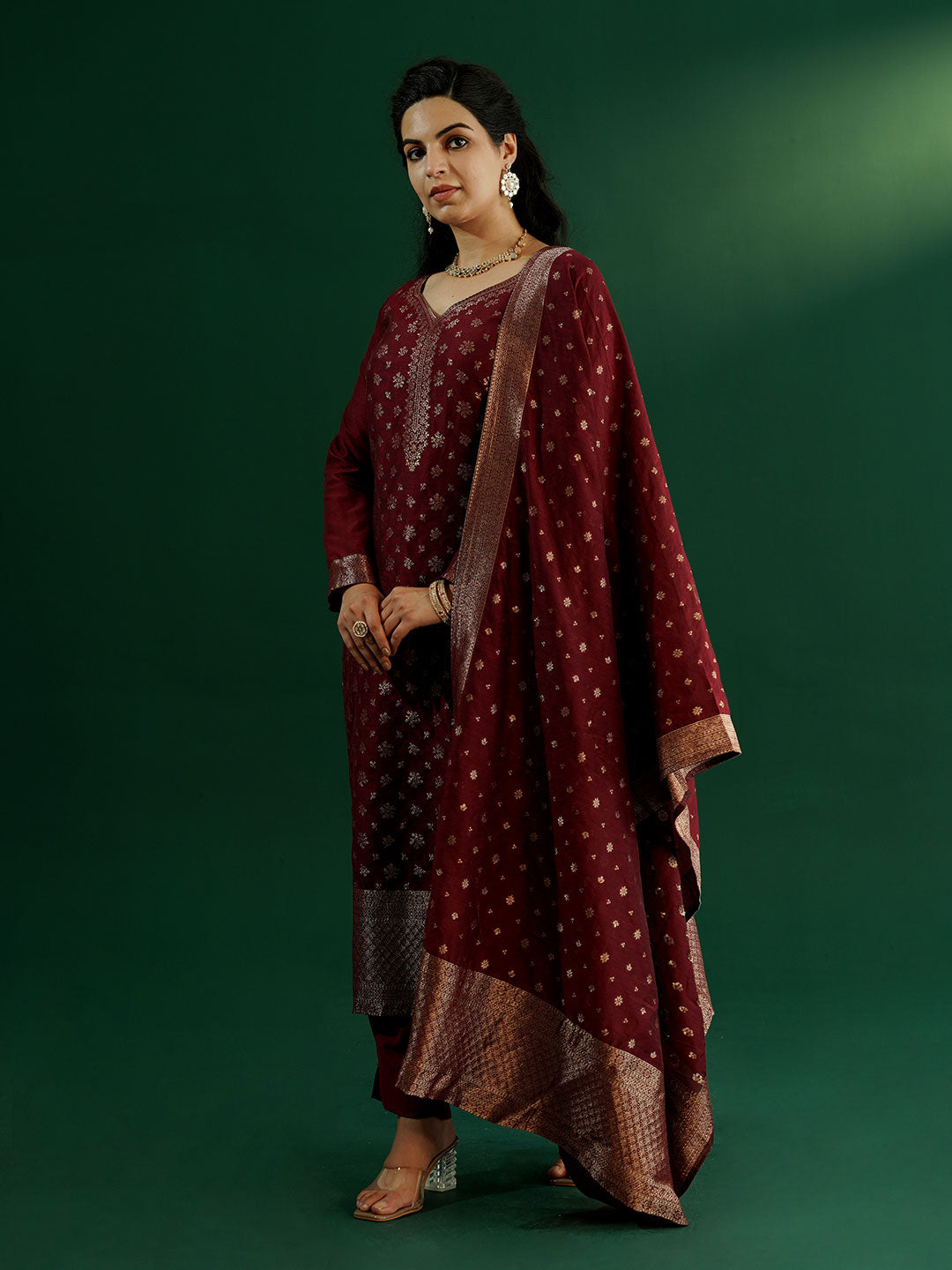 dhartii New Age Lavish Maroon Royal Brocade Suit Set with Dupatta and Pants (3 Piece Set)