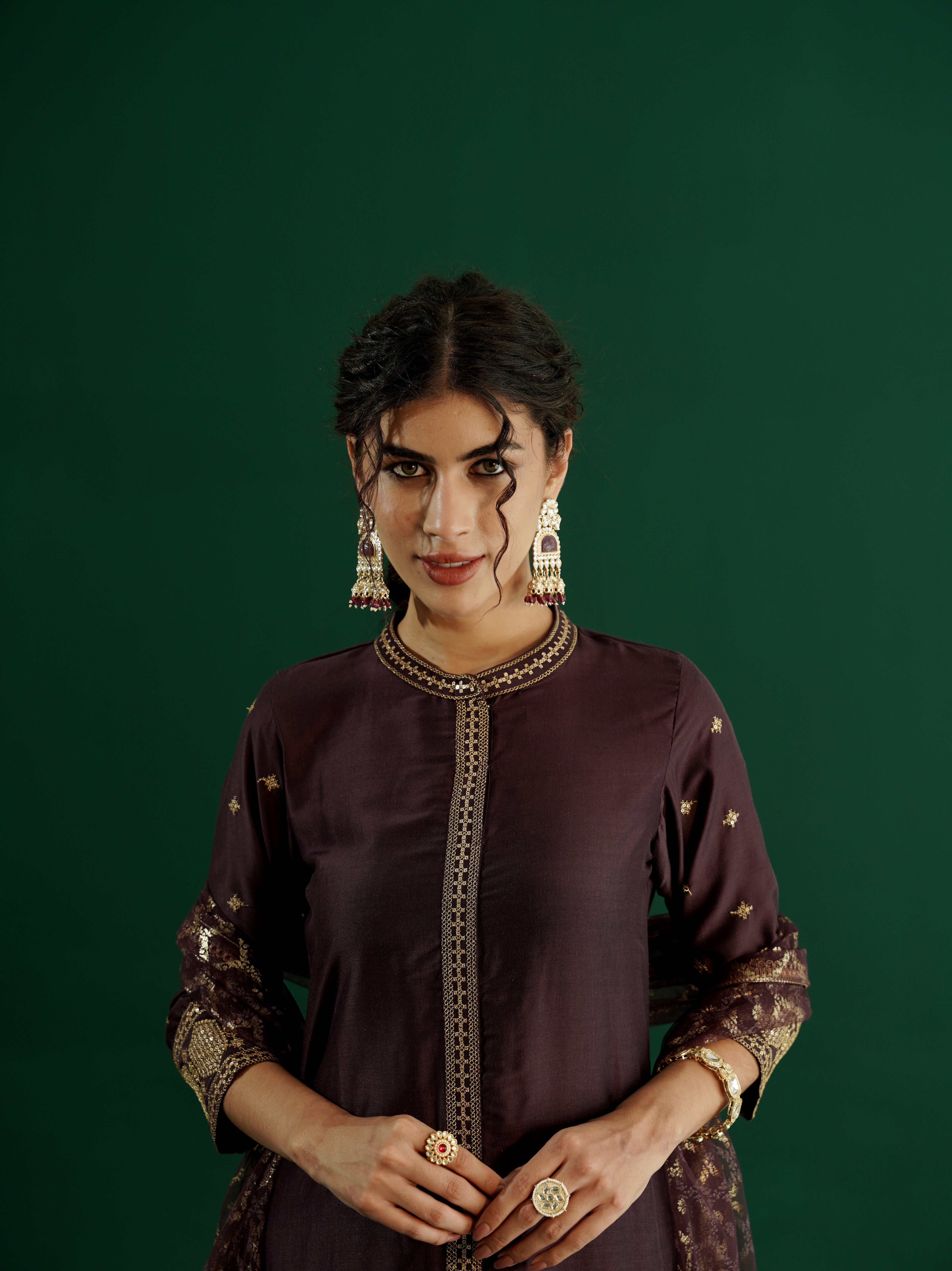 dhartii Festive Purple Glam Suit Set with Embroidered Front Slit, Foil Printed Net Dupatta with pants (3 Piece Set)