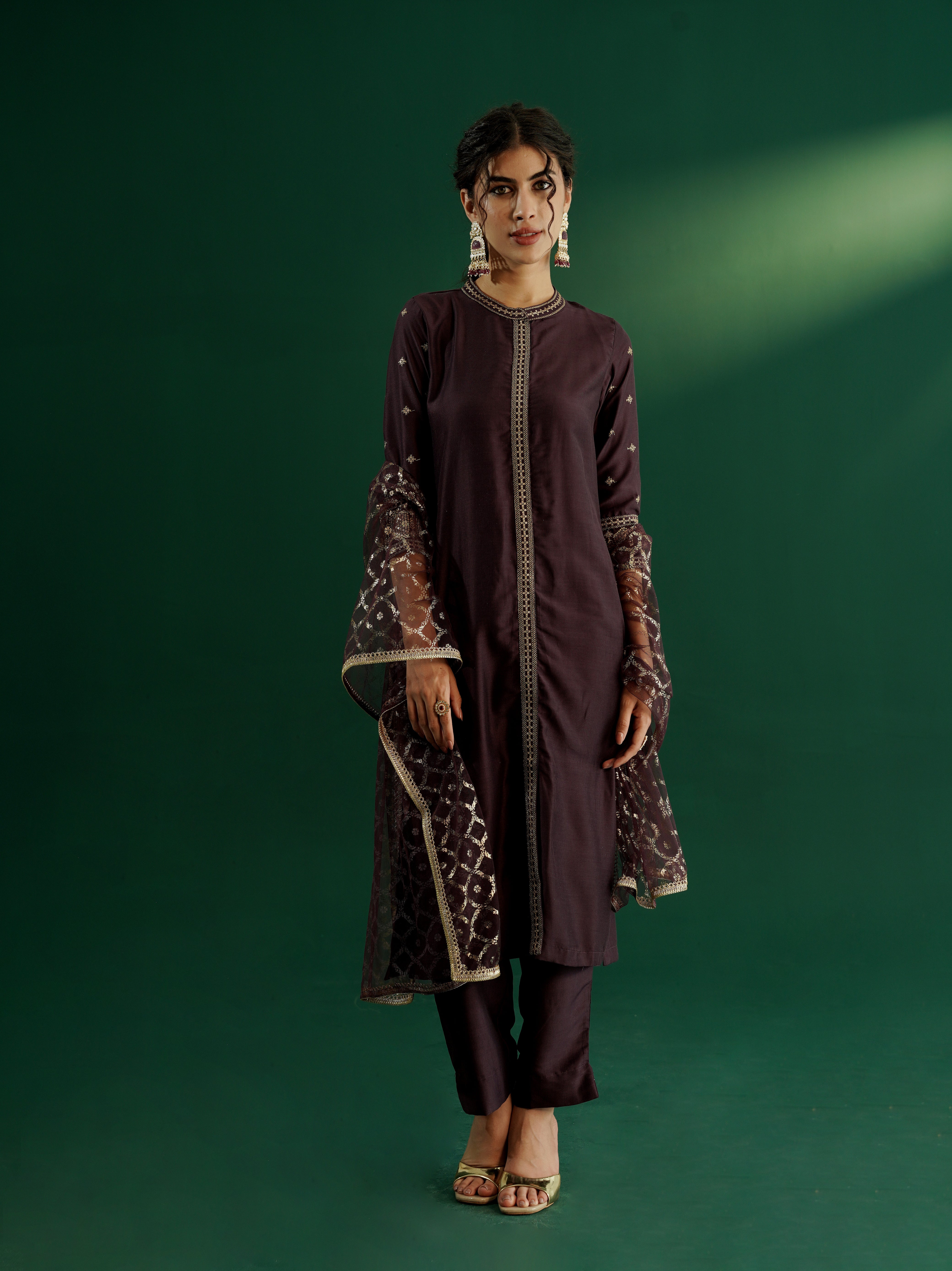 dhartii Festive Purple Glam Suit Set with Embroidered Front Slit, Foil Printed Net Dupatta with pants (3 Piece Set)