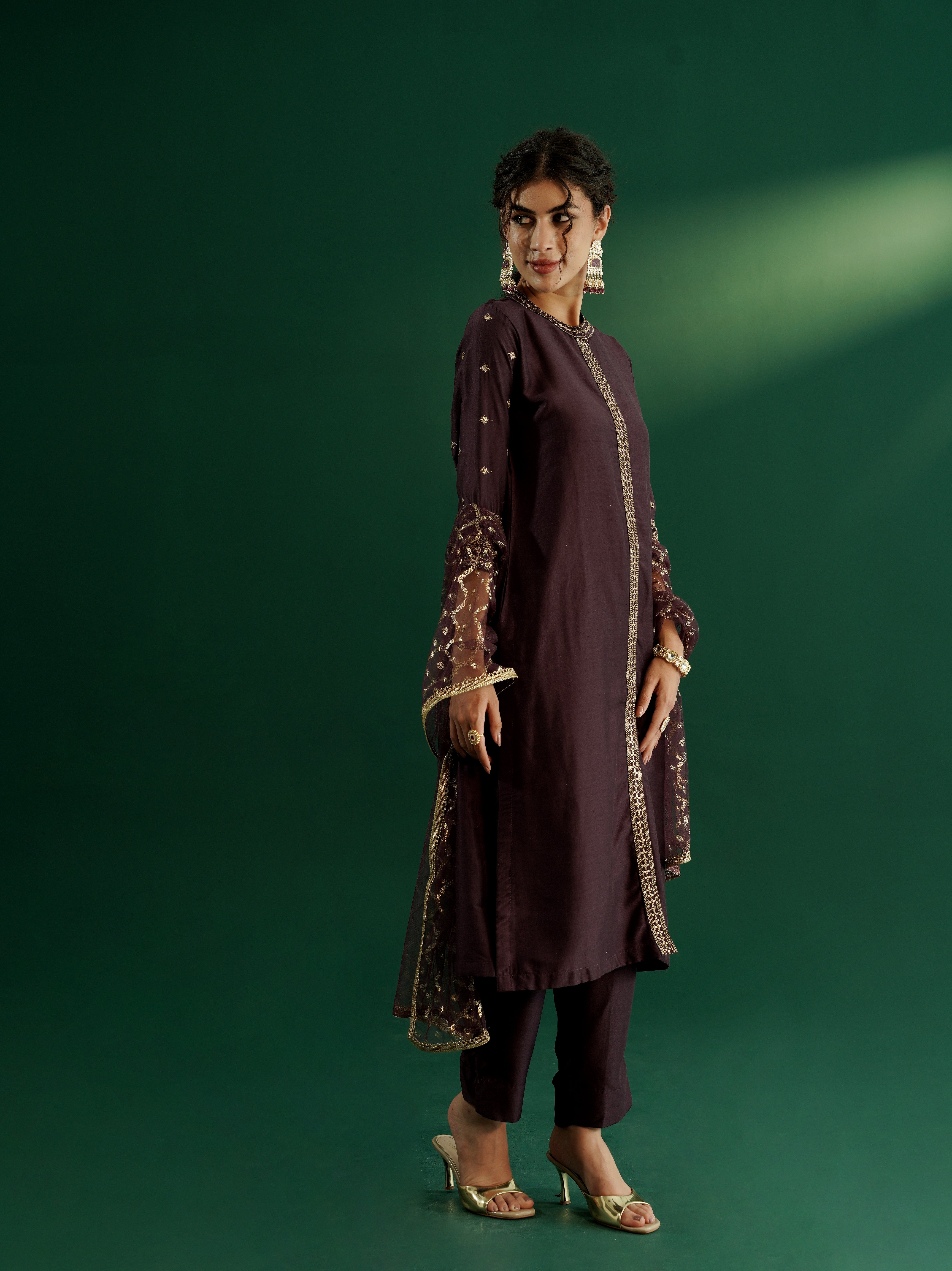 dhartii Festive Purple Glam Suit Set with Embroidered Front Slit, Foil Printed Net Dupatta with pants (3 Piece Set)