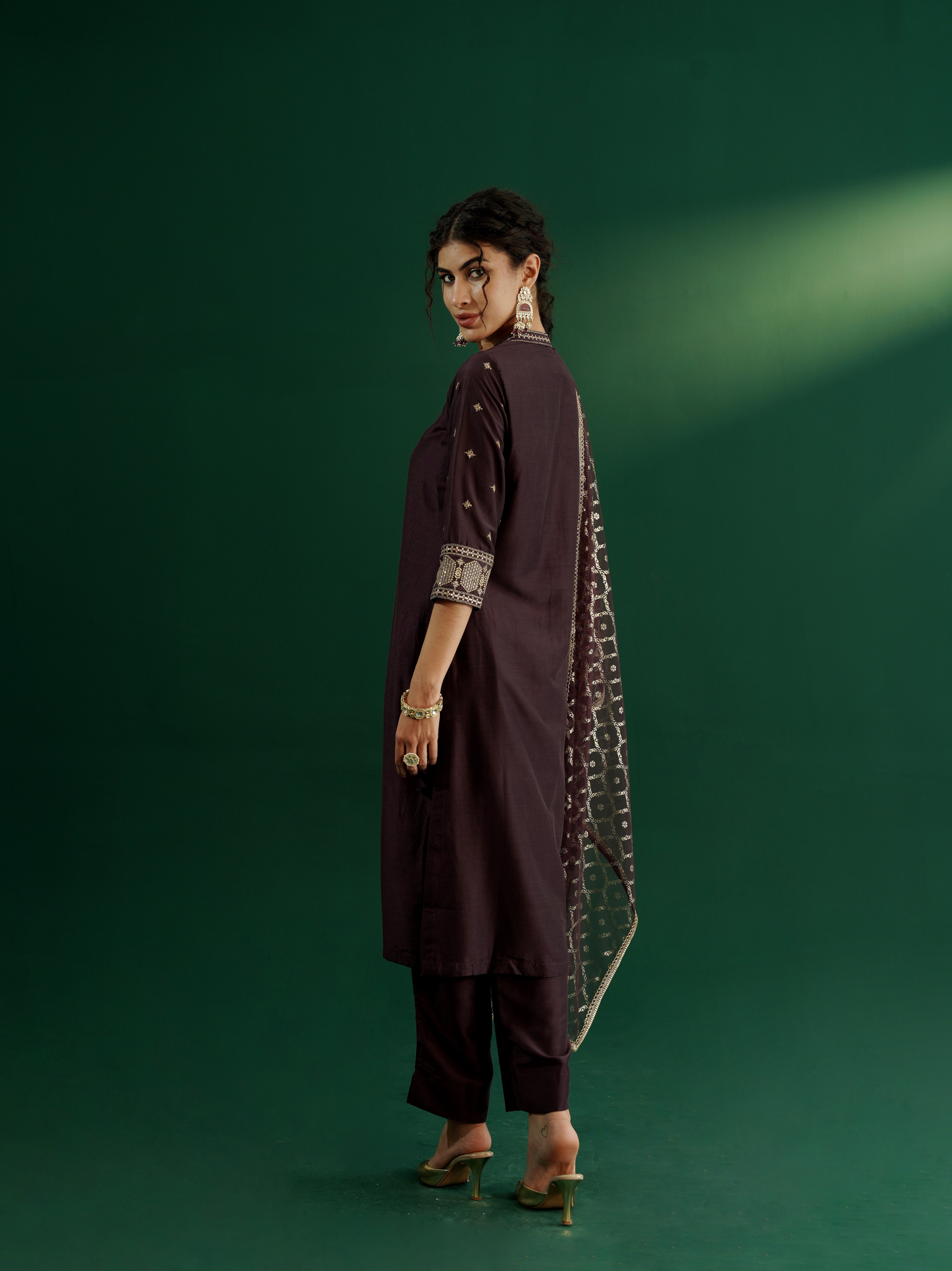 dhartii Festive Purple Glam Suit Set with Embroidered Front Slit, Foil Printed Net Dupatta with pants (3 Piece Set)