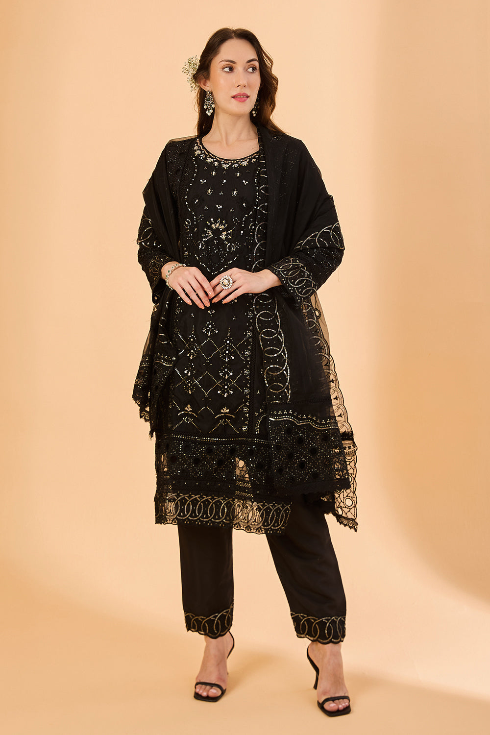 dhartii  Black Ethnic Embroidered Organza Suit Set