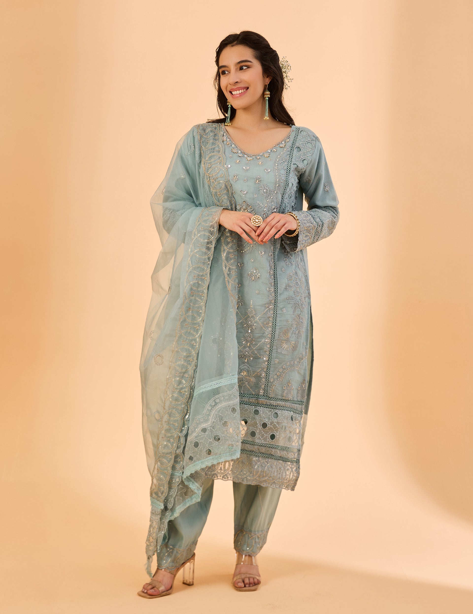 dhartii  Steel Blue Blossom Embroidered Ethnic Suit Set