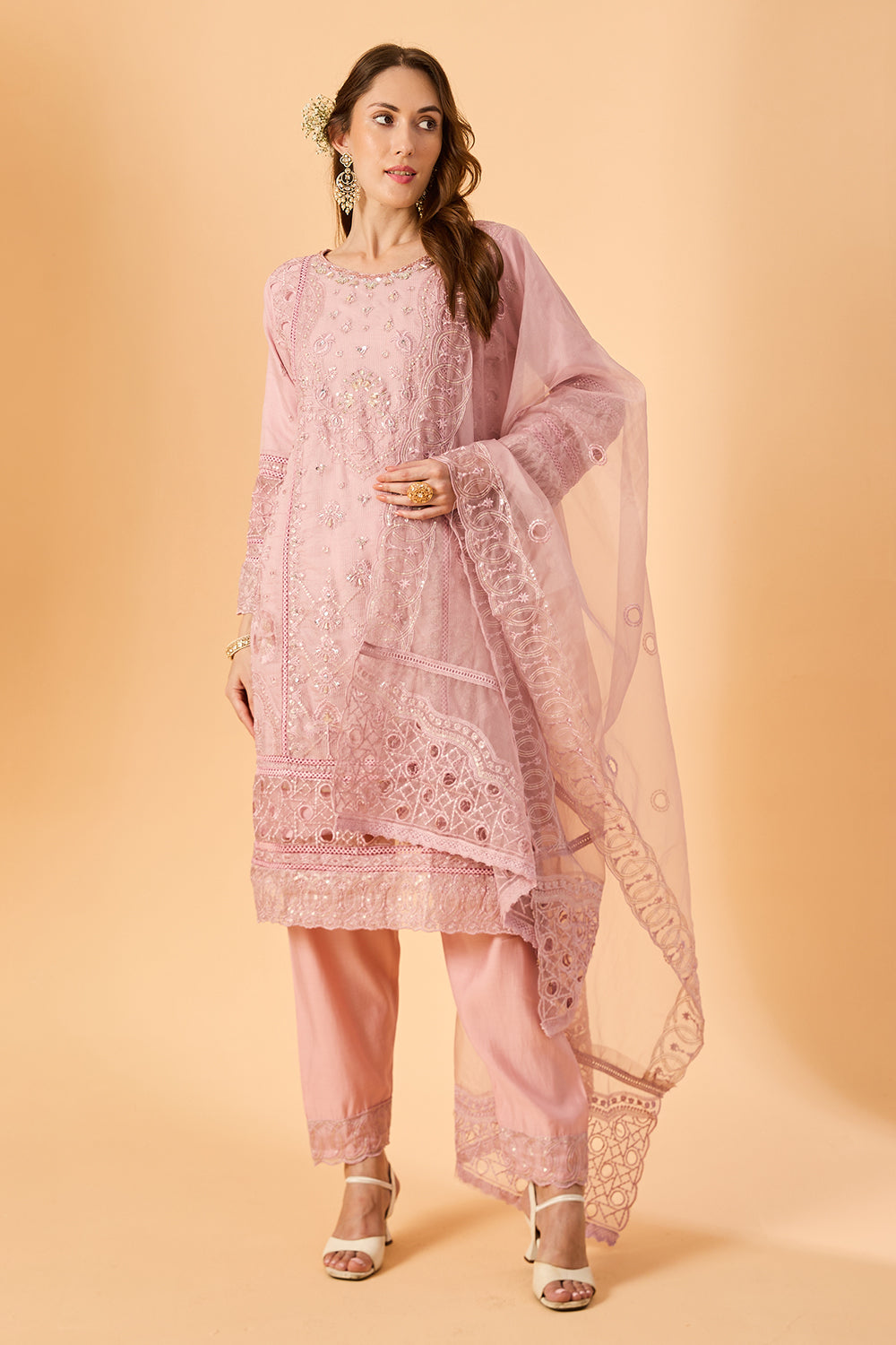 dhartii  Lilac Pink Ethnic Embroidered Organza Suit Set