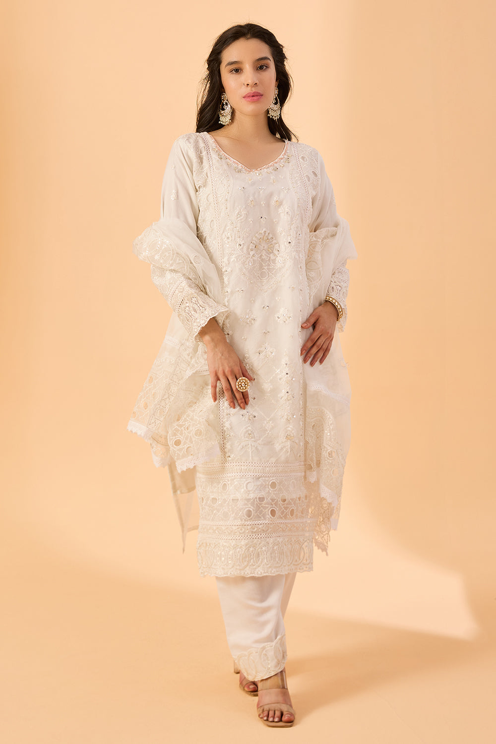 dhartii  Off- white Elegance Embroidered Organza Suit Set