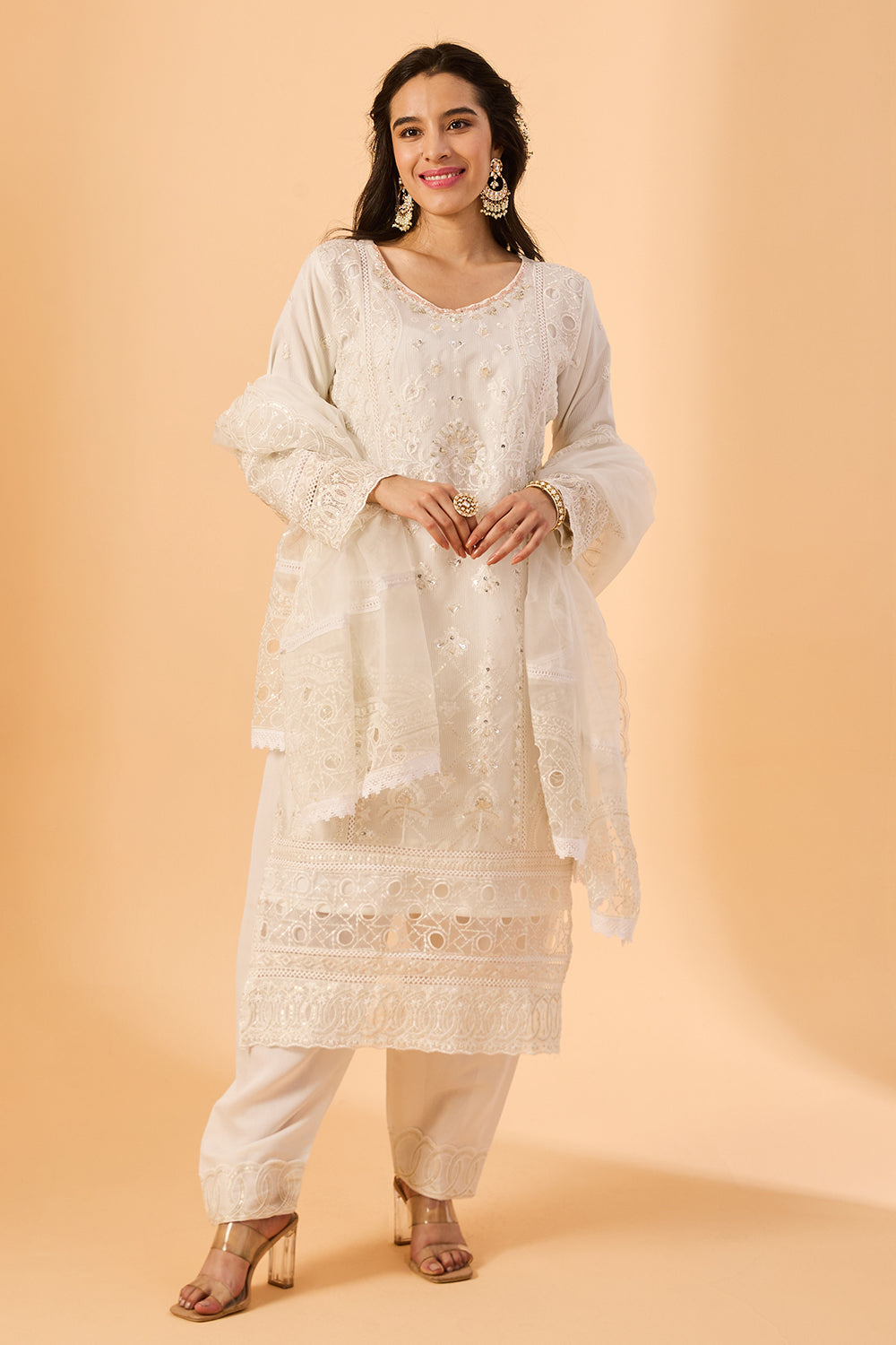 dhartii  Off- white Elegance Embroidered Organza Suit Set