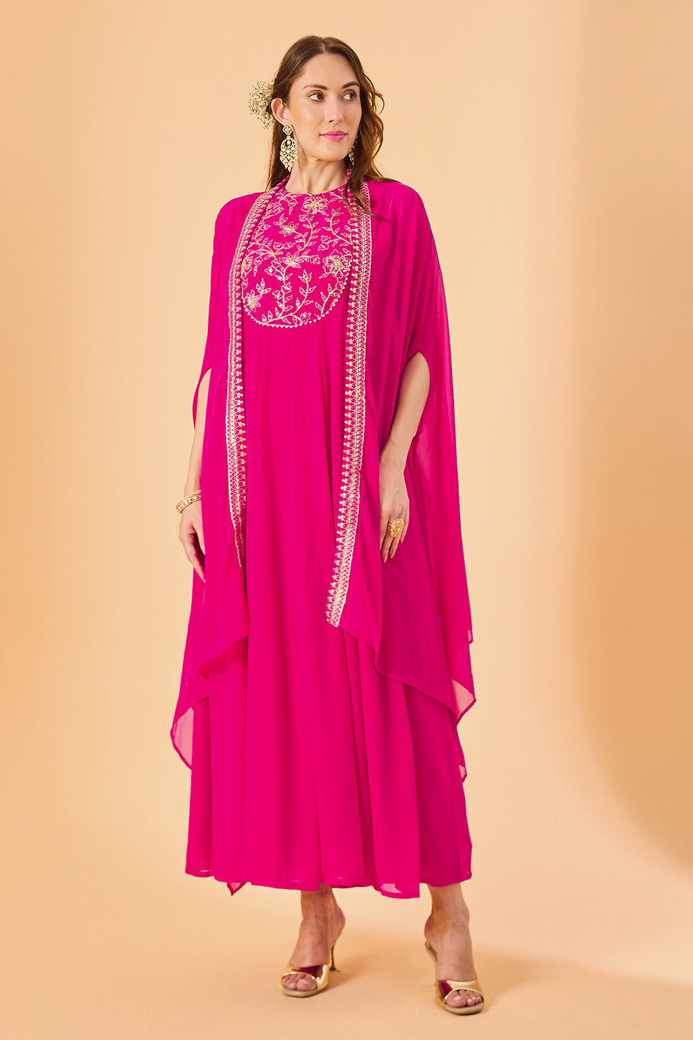 dhartii  Fuchsia Pink Aura Georgette Embroidered Fusion Set